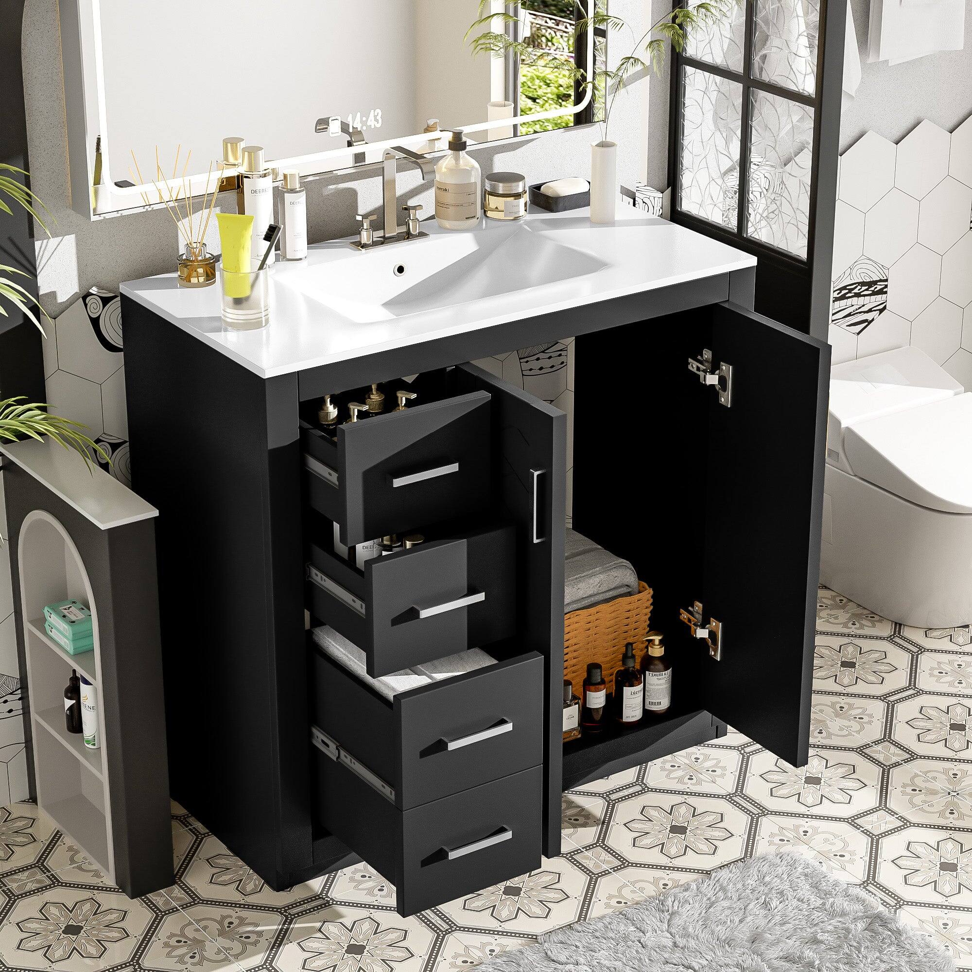 Alt View 6. Boyel Living - 36 Inch Bathroom Vanity with Ceramic Sink Solid Wood Frame 3 Drawers 2 Doors Black - Black.