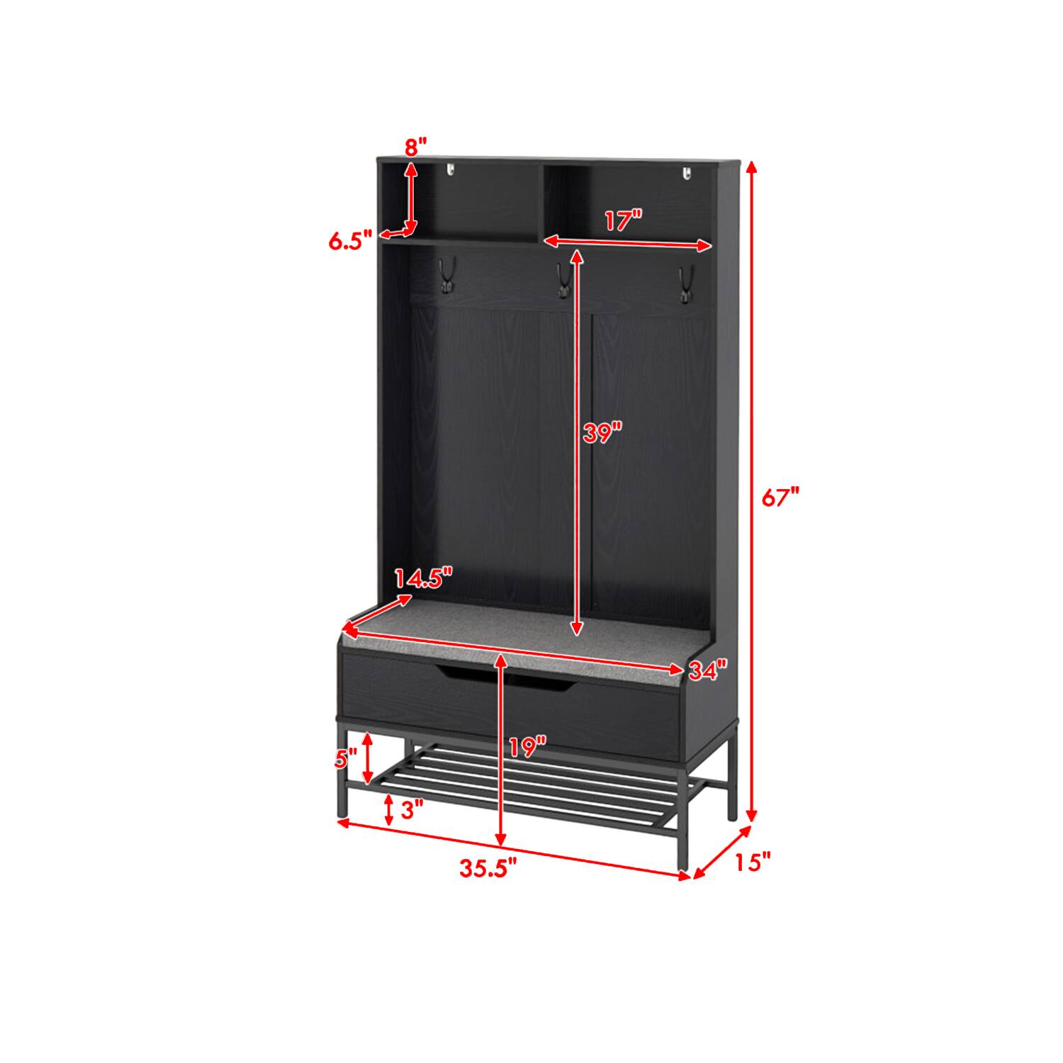 8"  
6.5"  
17"  
39"  
67"  
14.5"  
5"  
13"  
19"  
35.5"  
34"  
15"