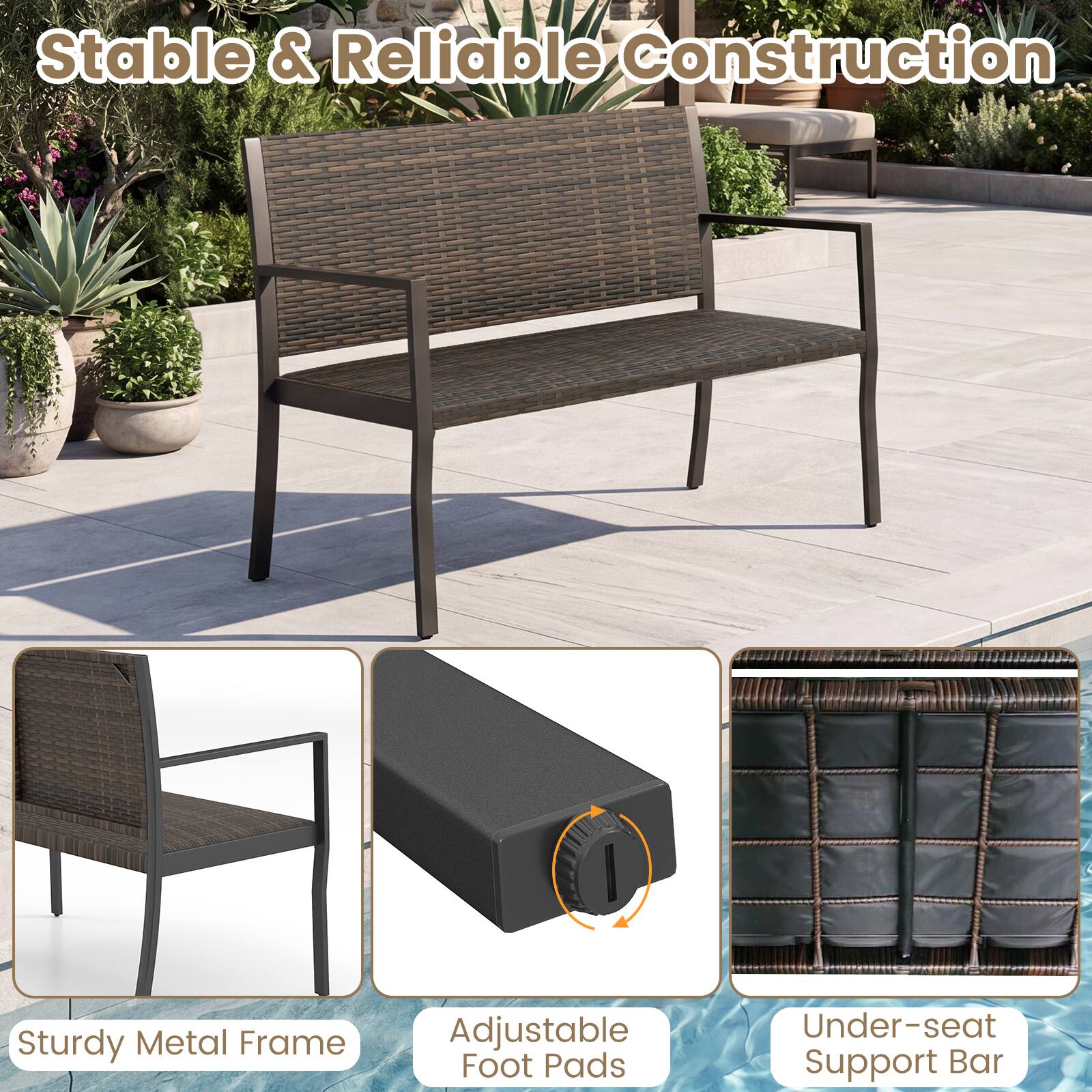Stable & Reliable Construction  
Sturdy Metal Frame  
Adjustable Foot Pads  
Under-seat Support Bar