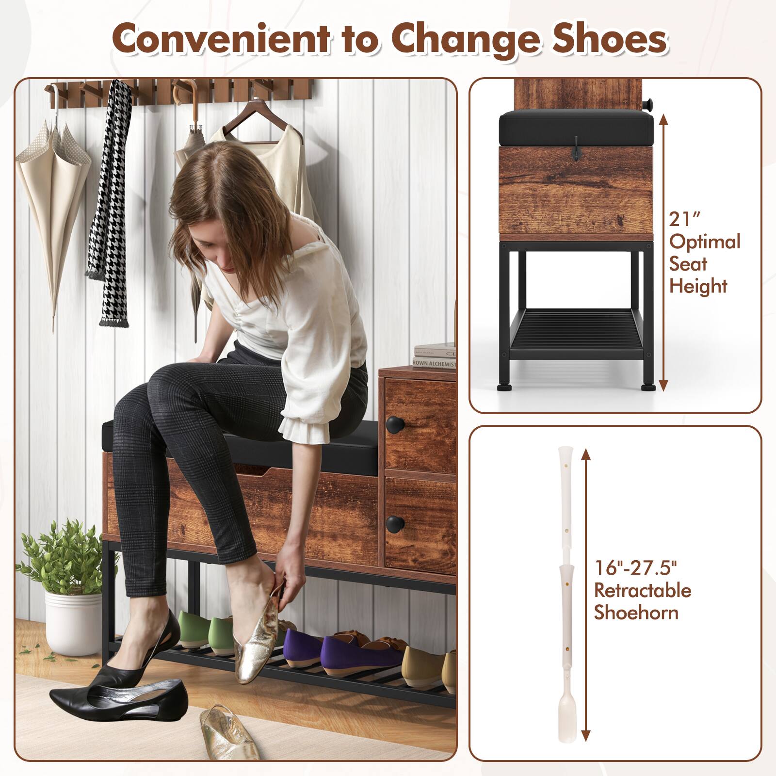 Convenient to Change Shoes: 21" Optimal Seat Height drem SLMO 16"-27.5" Retractable Shoehorn