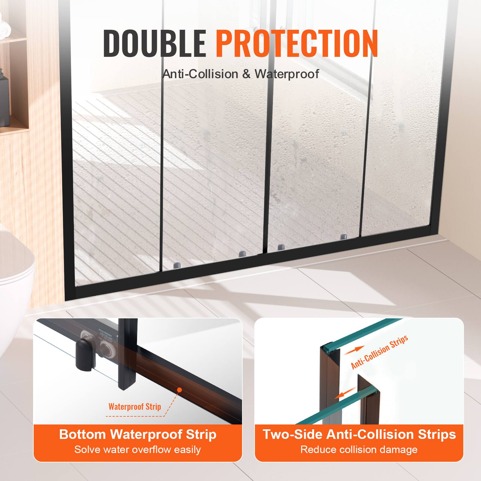 DOUBLE PROTECTION  
Anti-Collision & Waterproof  

Bottom Waterproof Strip  
Solve water overflow easily  

Two-Side Anti-Collision Strips  
Reduce collision damage