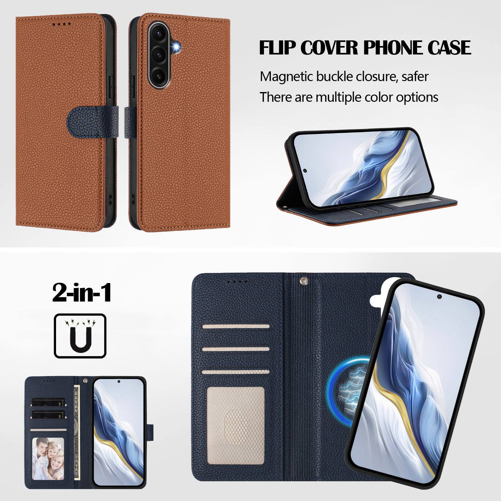 FLIP COVER PHONE CASE  
Magnetic buckle closure, safer  
There are multiple color options  

2-in-1