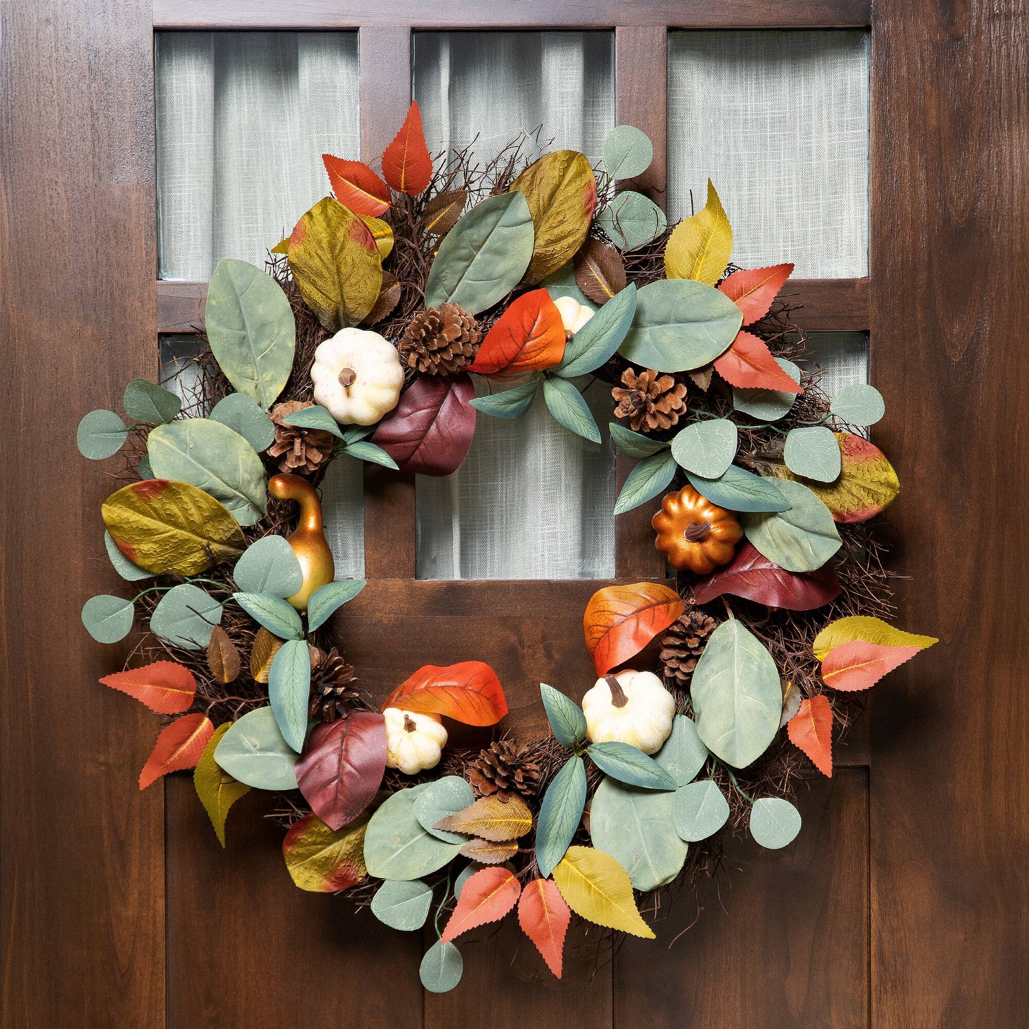 Front. Northlight - Pumpkin Pinecone and Gourd Artificial Fall Harvest Wreath - 24" - Green.
