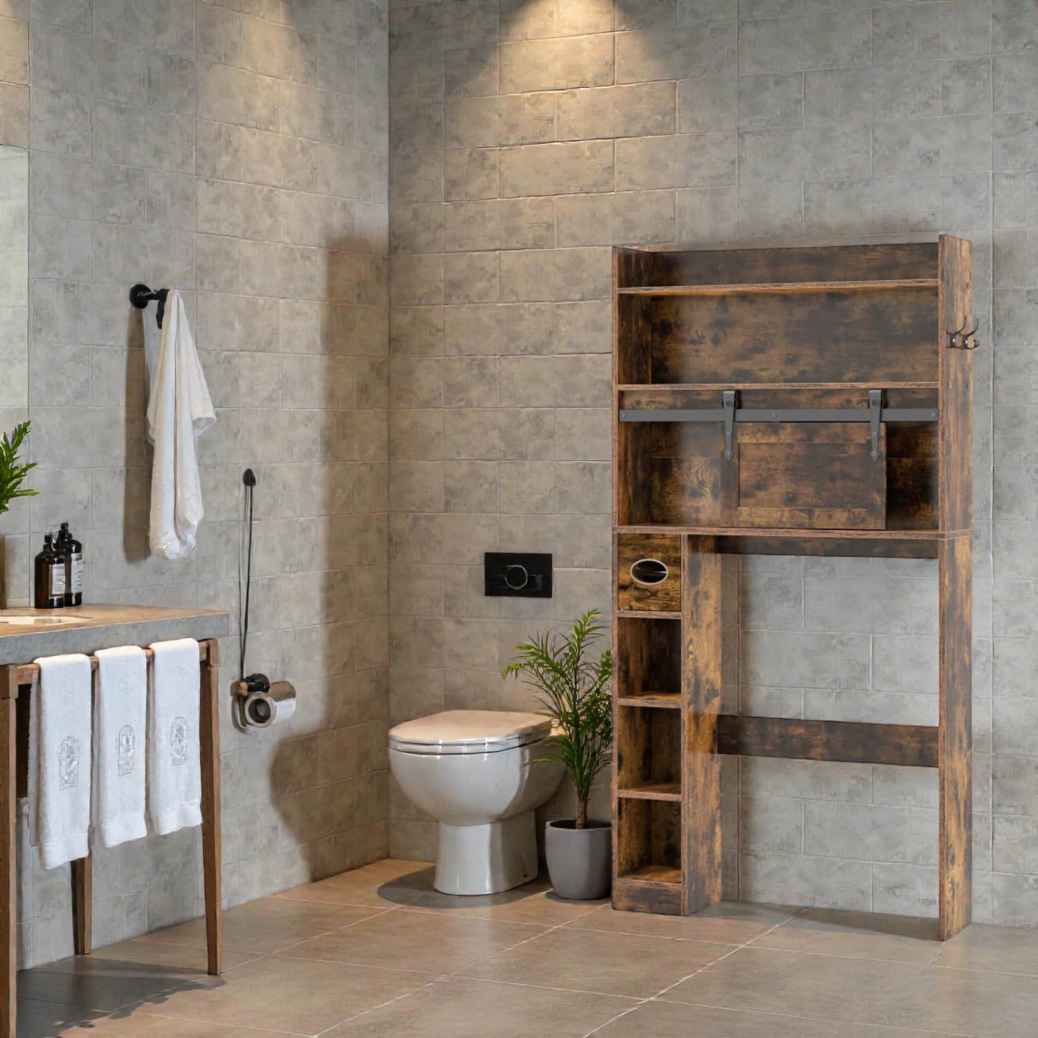 Hivvago - Bathroom Storage Cabinet for Toilet Area with Sliding Barn-Style Door and Adjustable Shelving - Rustic Brown