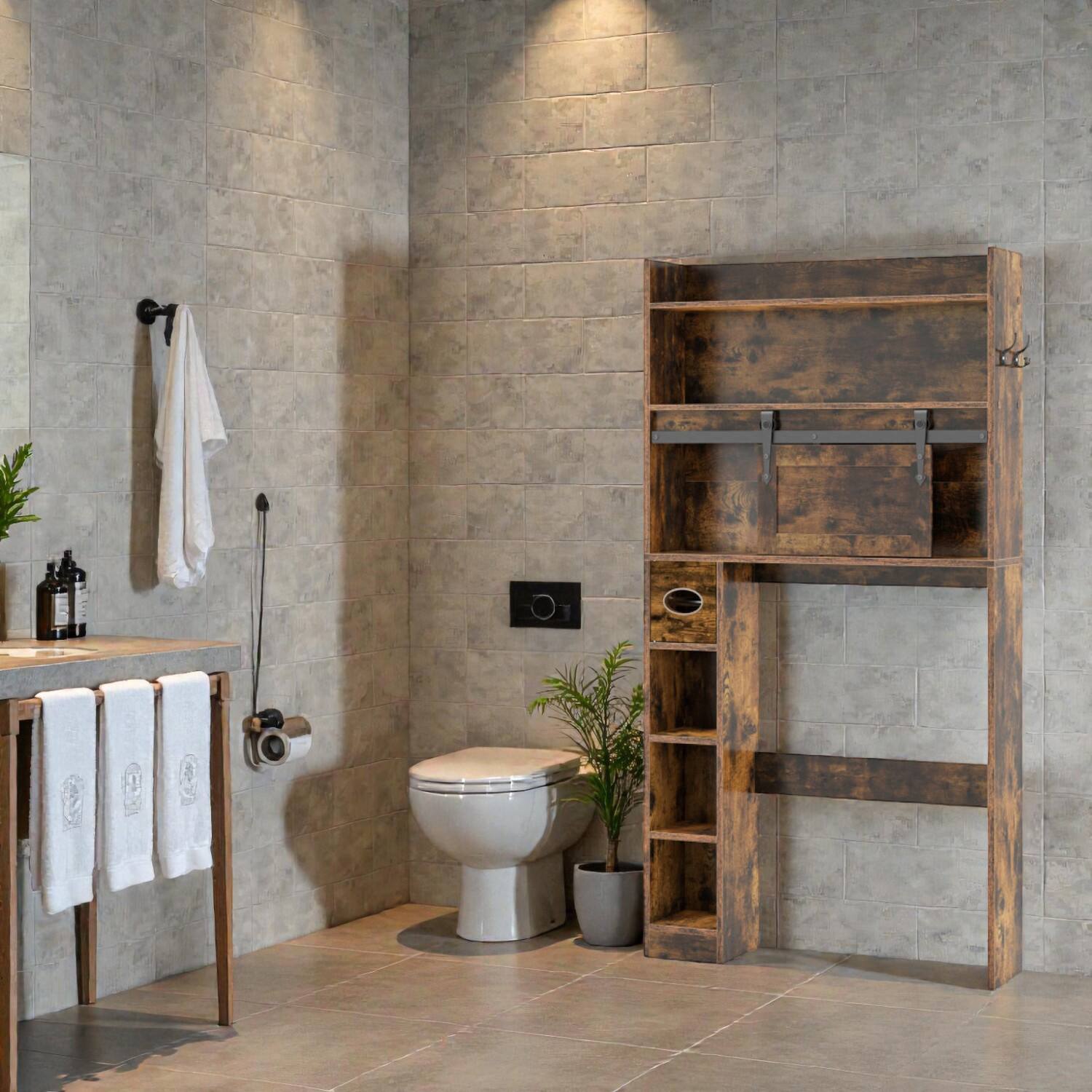 Front. Hivvago - Bathroom Storage Cabinet for Toilet Area with Sliding Barn-Style Door and Adjustable Shelving - Rustic Brown.