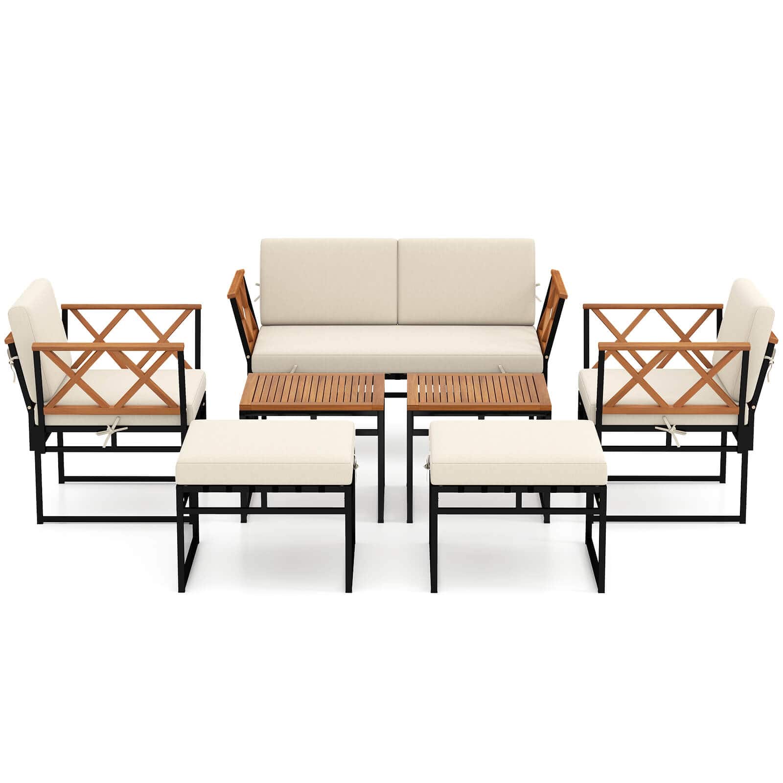 Front. Costway - Costway 7 PCS Outdoor Conversation Set Acacia Wood Chairs & Coffee Tables Set with Ottomans - Beige.
