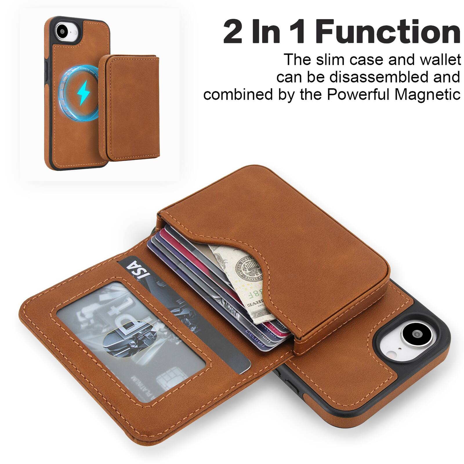 2 In 1 Function  
The slim case and wallet can be disassembled and combined by the Powerful Magnetic