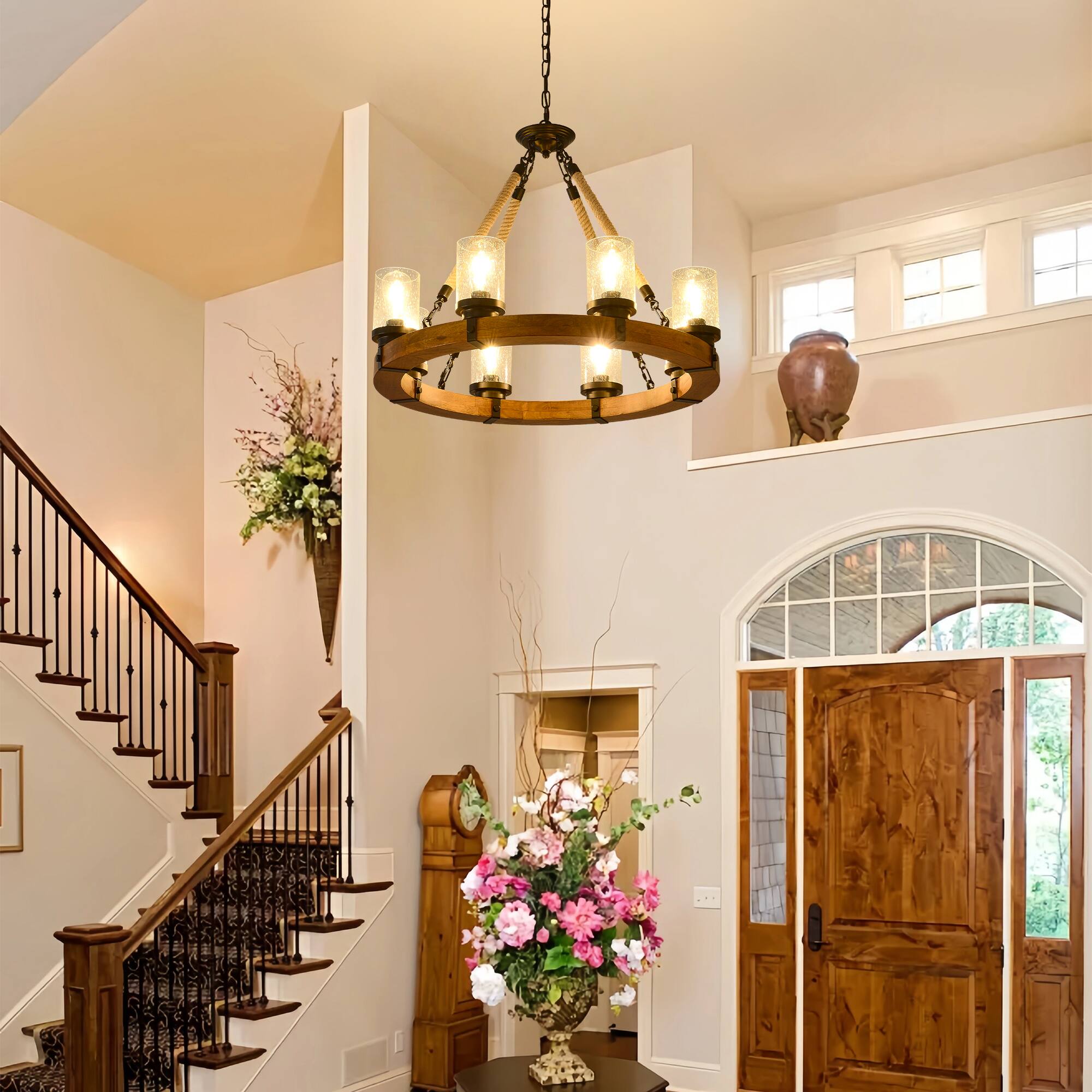 Alt View 7. RYHNUYNE - 8 Light Rustic Wagon Wheel Chandelier,Farmhouse Dining Room Light Fixture with Seeded Glass Shade,Round Wood Chandelier - Brown.