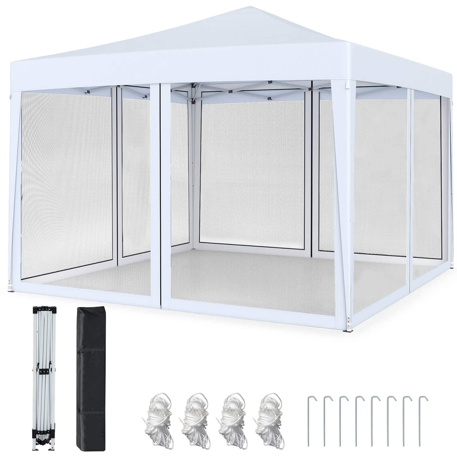 Front. Costway - Costway 10 FT x 10 FT Pop-Up Canopy Tent with Mesh Netting, Carry Bag, 8 Stakes & 4 Ropes - White.