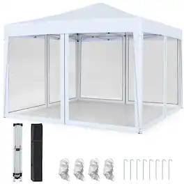 Costway - 10 FT x 10 FT Pop-Up Canopy Tent with Mesh Netting, Carry Bag, 8 Stakes & 4 Ropes - White