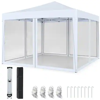 Front. Costway - Costway 10 FT x 10 FT Pop-Up Canopy Tent with Mesh Netting, Carry Bag, 8 Stakes & 4 Ropes - White.