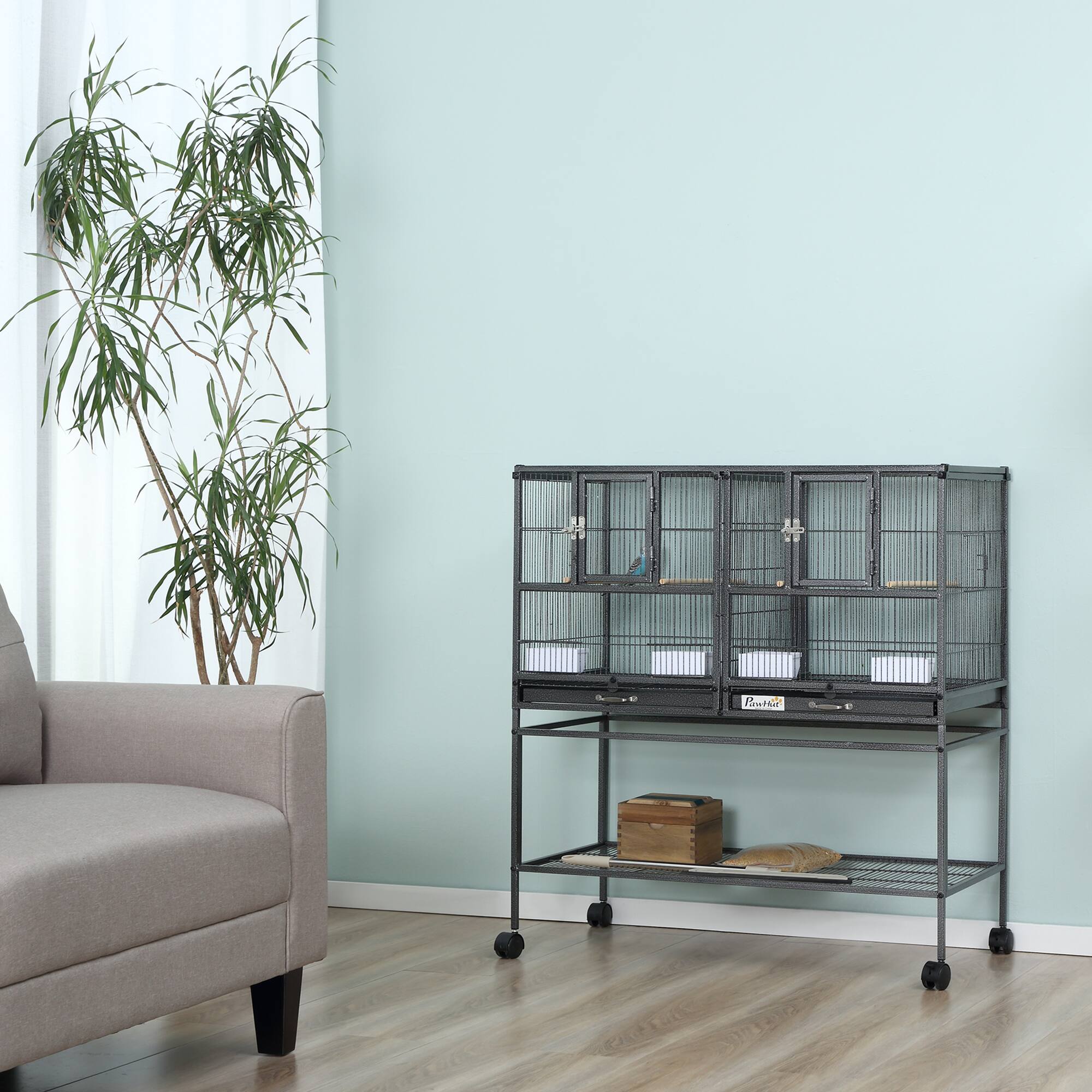 Alt View 1. Pawhut - Breeder Bird Cage with Rolling Stand Removable Metal Tray, Storage Shelf, Wood Perch.