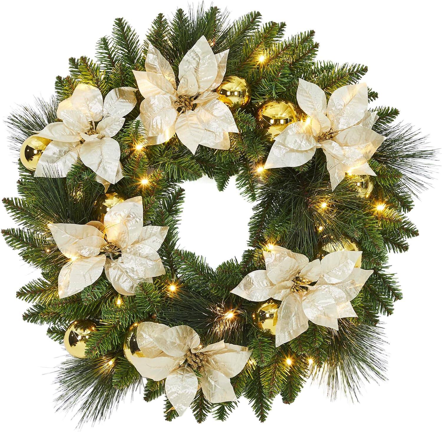 Front. Jojoka - 24-in Green Christmas Wreath Pre-Lit Artificial for Indoor Outdoor Holiday Decorations - Green.