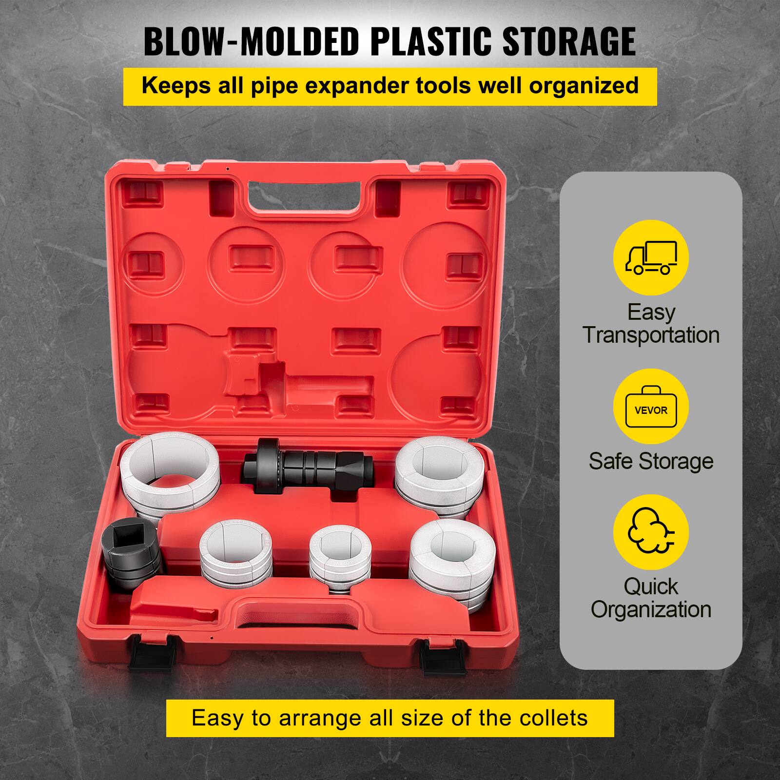 BLOW-MOLDED PLASTIC STORAGE  
Keeps all pipe expander tools well organized

- Easy Transportation
- Safe Storage
- Quick Organization

Easy to arrange all size of the collets