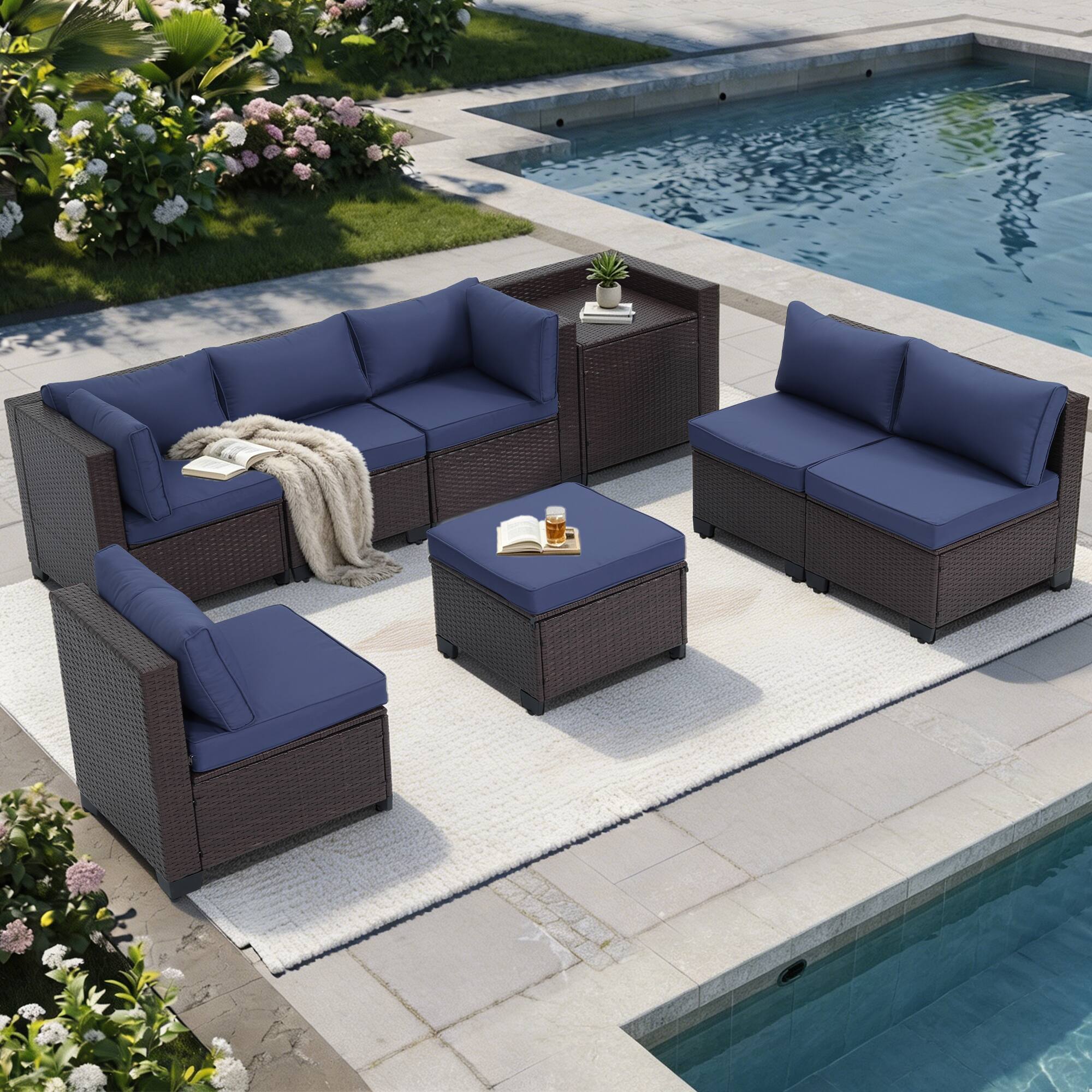 Angle. Ainfox - Ainfox 8 PCS Outdoor Patio Rattan Sectional Storage Wicker Furniture Set with Ottoman & Side Box for Backyard Pool Deck - Navy Blue.