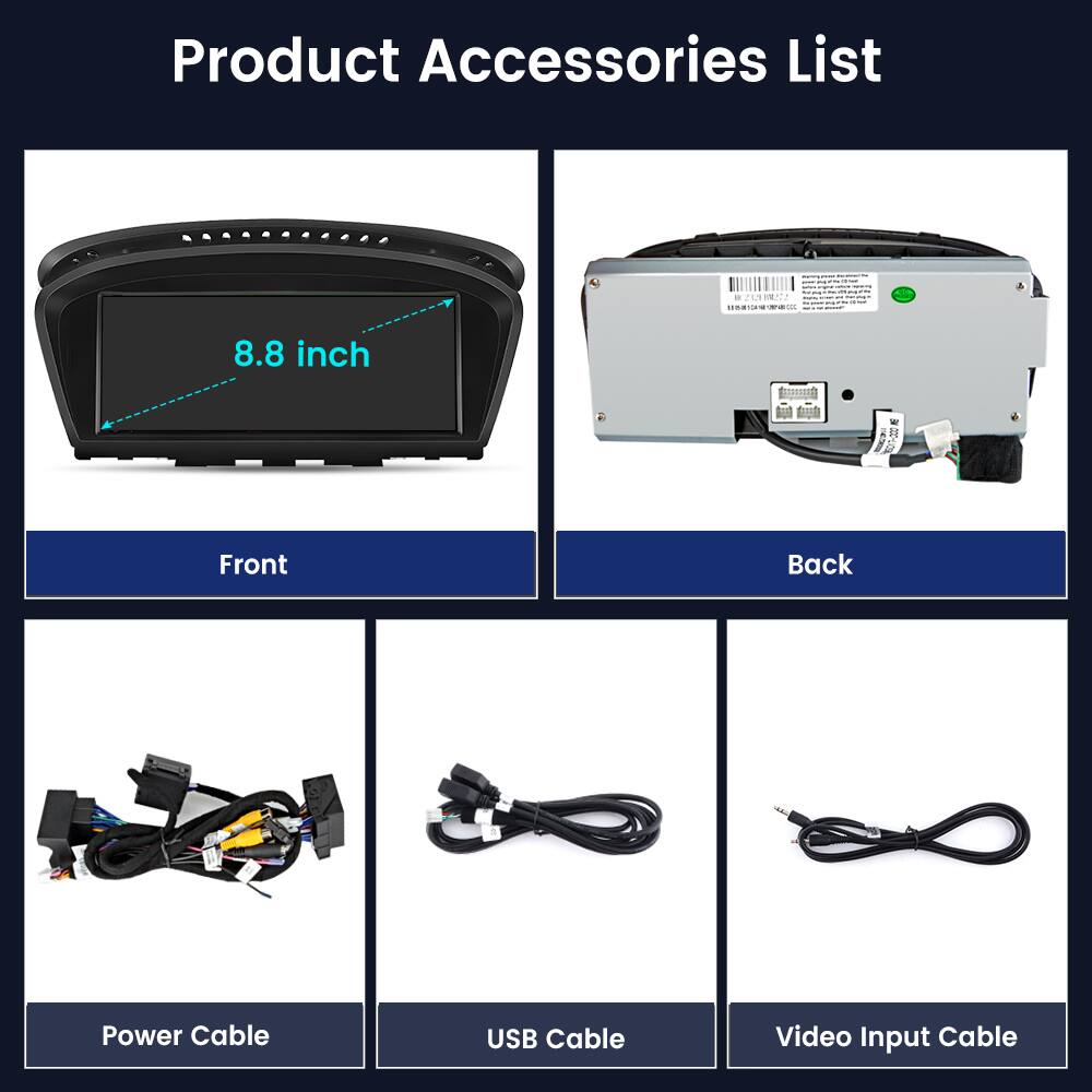 Product Accessories List:
- 8.8 inch
- Front
- Back
- Power Cable
- USB Cable
- Video Input Cable