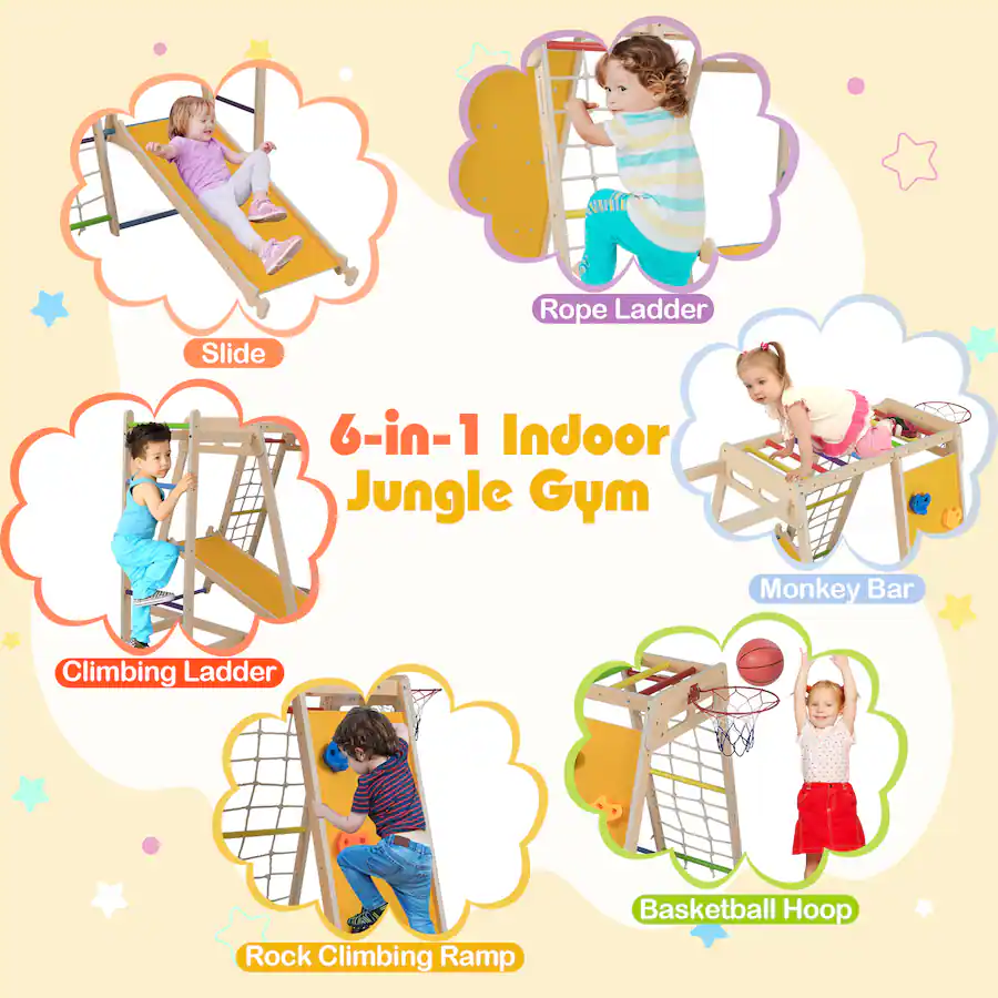 Slide Rope Scale Gymax 6 in 1 Jungle Gym w/Slide Rock Climbing Basketball Hoop Monkey ...