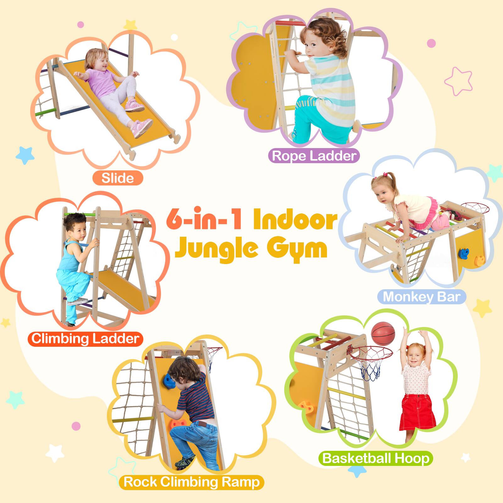 AFS Slide Rope Ladder 6-in-1 Indoor Jungle Gym Monkey Bar Climbing Ladder Rock Climbing Ramp Basketball Hoop