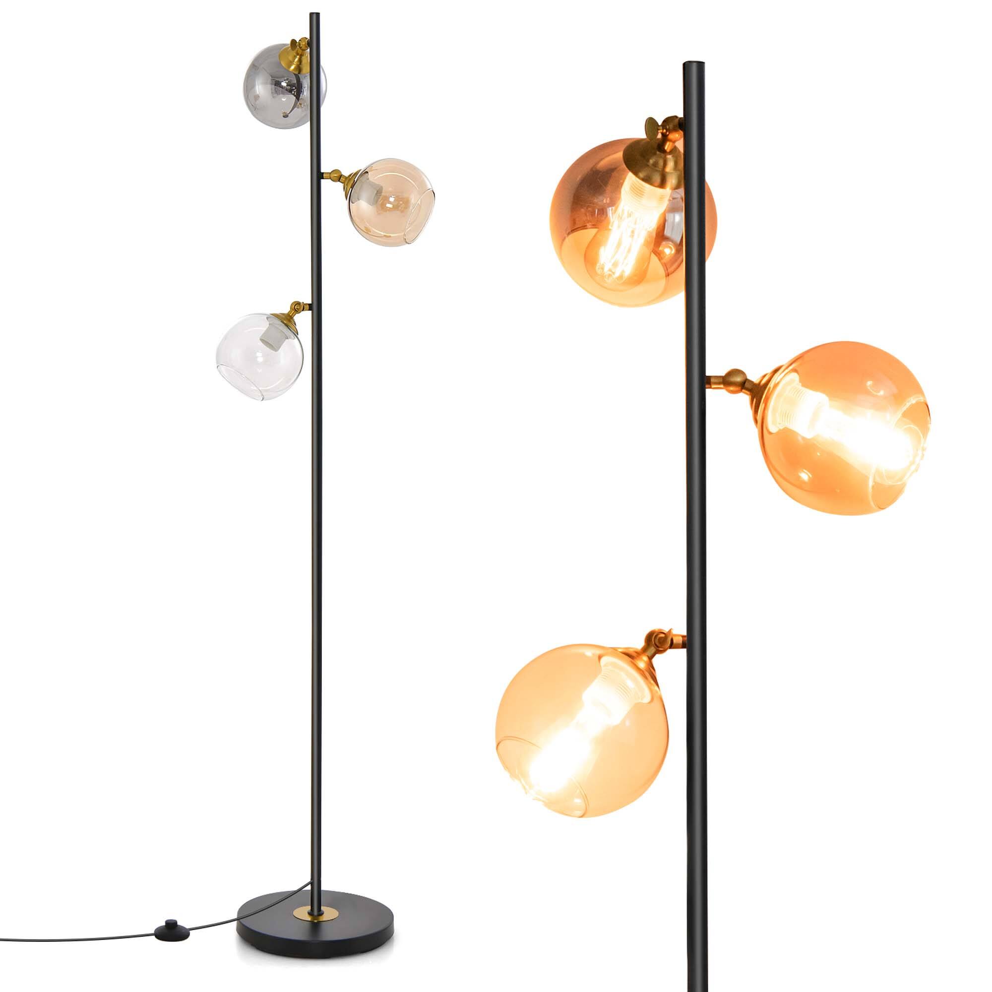 Costway - Mid Century Floor Lamp Freestanding with 3 Glass Globe Lampshades & Foot Switch - Black