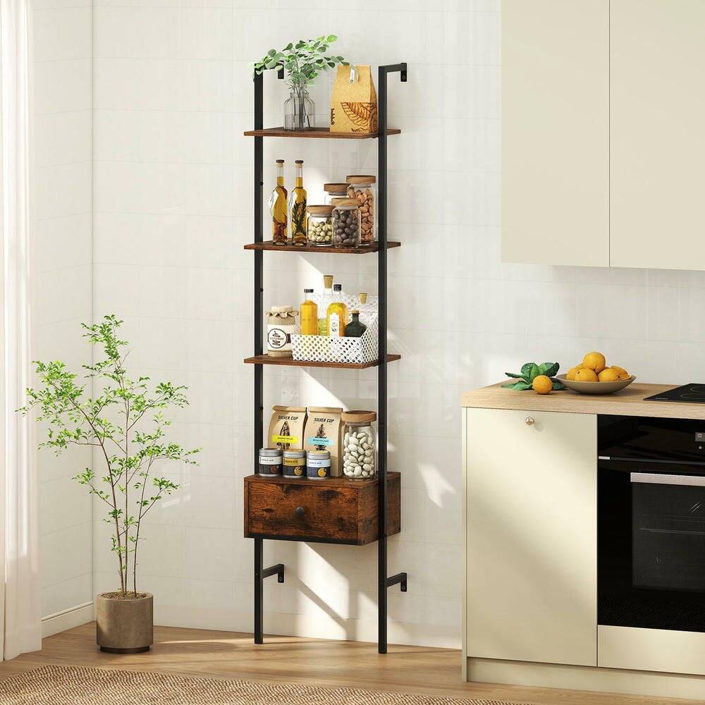 Alt View 2. Kadyn - 5-Tier Ladder Bookcase with Drawer - Metal Frame, Ideal for Study/Home Office, Rustic Brown & Black - Brown.