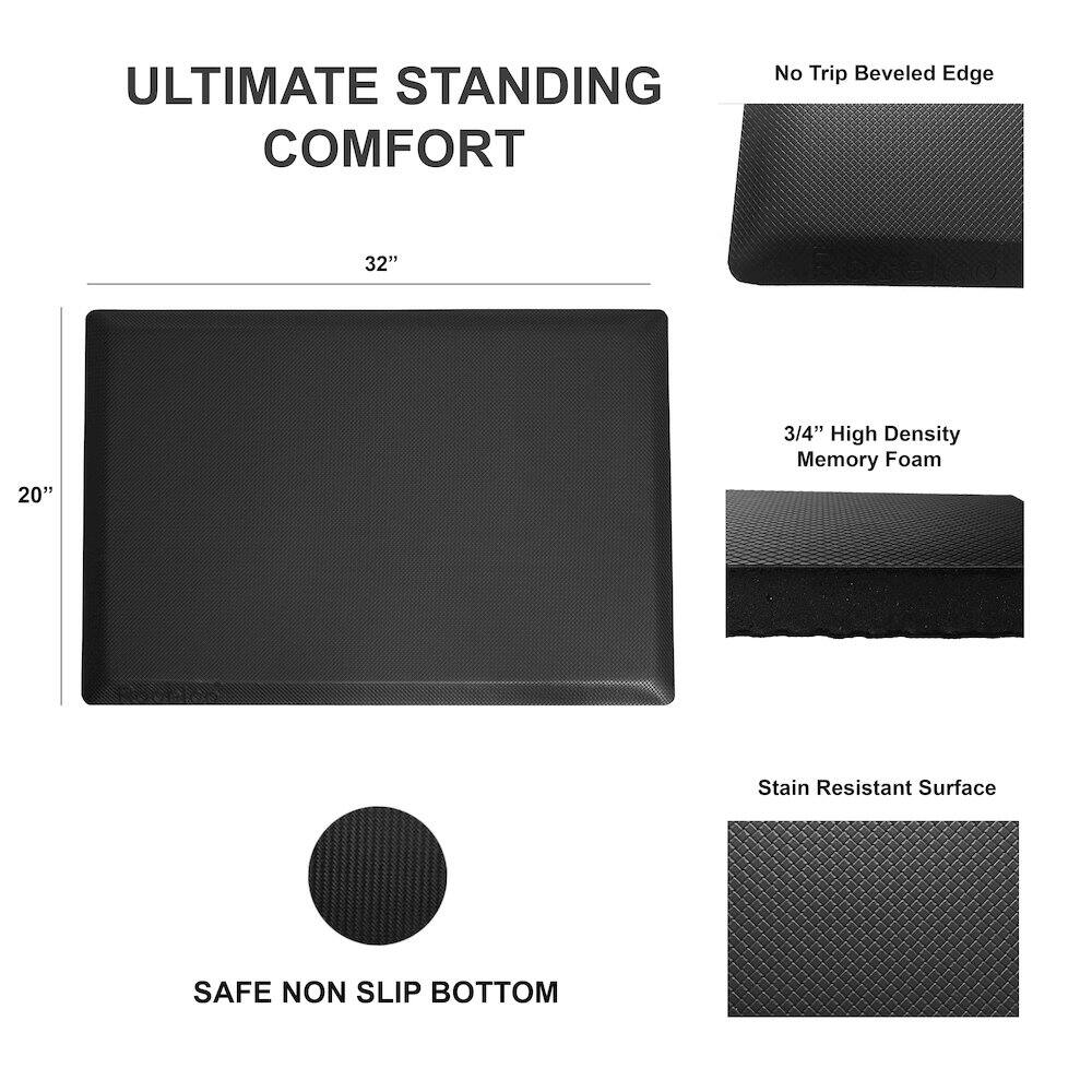 ULTIMATE STANDING COMFORT

- 32" x 20"
- No Trip Beveled Edge
- 3/4" High Density Memory Foam
- Stain Resistant Surface
- SAFE NON SLIP BOTTOM