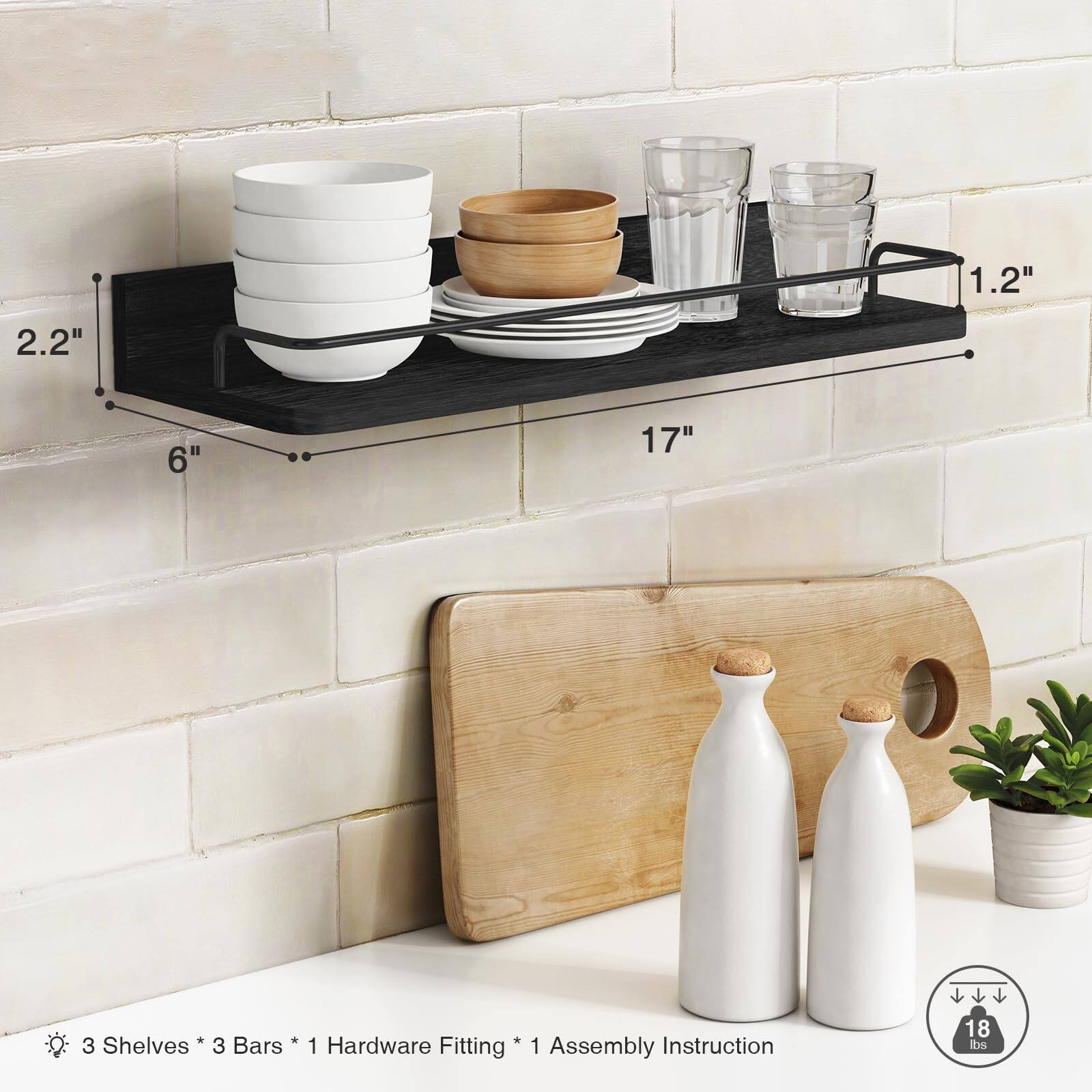 - 1.2"
- 2.2"
- 6"
- 17"
- 3 Shelves
- 3 Bars
- 1 Hardware Fitting
- 1 Assembly Instruction
- 18 lbs