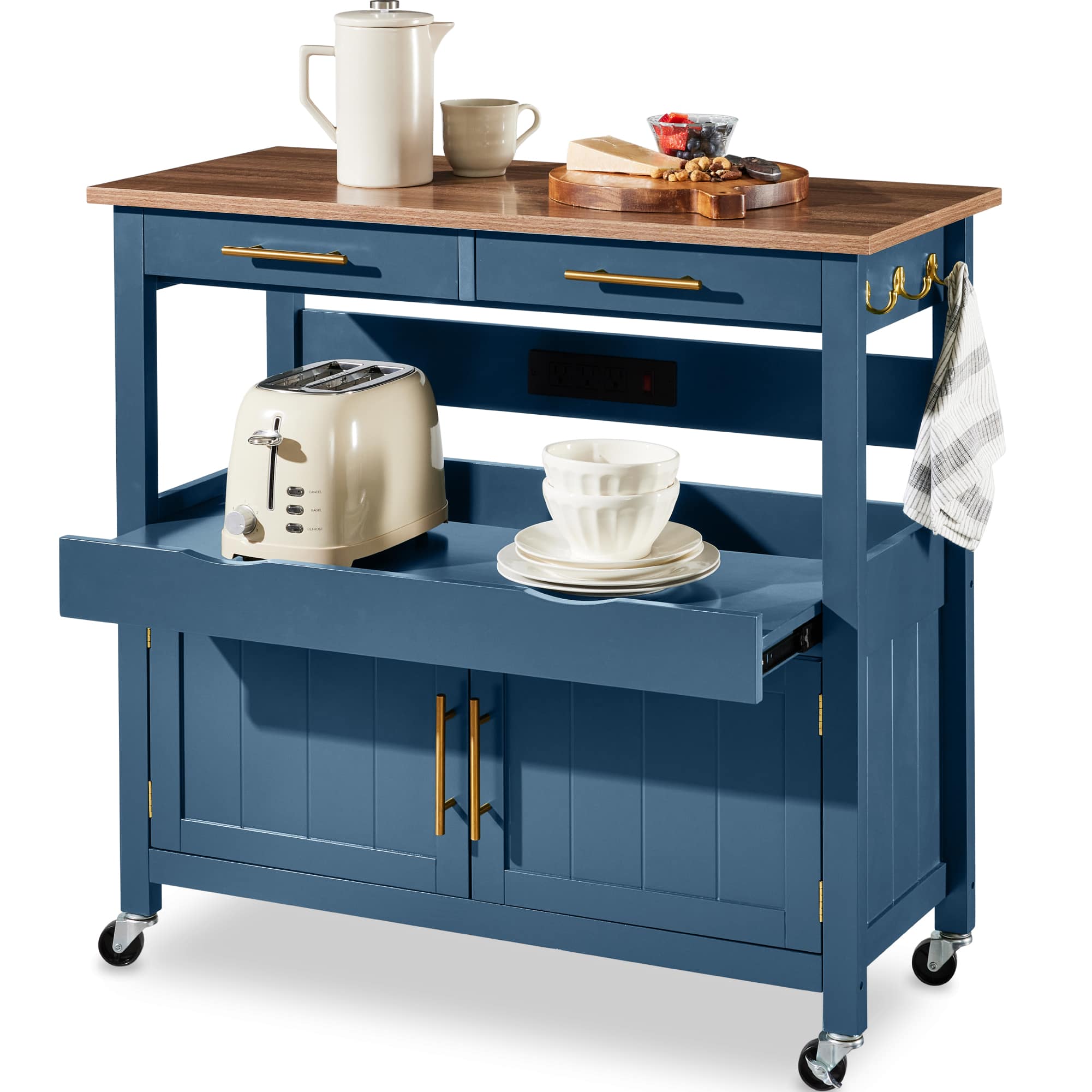 Best Choice Products - 36in Large Rolling Kitchen Island Cart, 2-Door Cabinet, Outlet, Hooks, & Wheels - Slate Blue