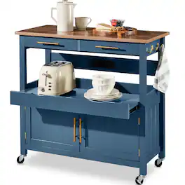 Best Choice Products - 36in Large Rolling Kitchen Island Cart, 2-Door Cabinet, Outlet, Hooks, & Wheels - Slate Blue
