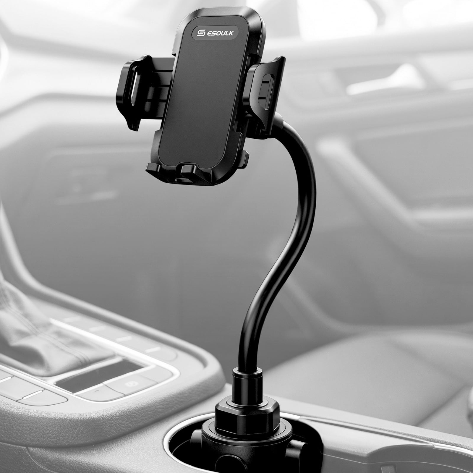 Front. Esoulk - Cup Holder Phone Mount, Adjustable Long Arm Gooseneck Car Holder for iPhone Universal - Black.