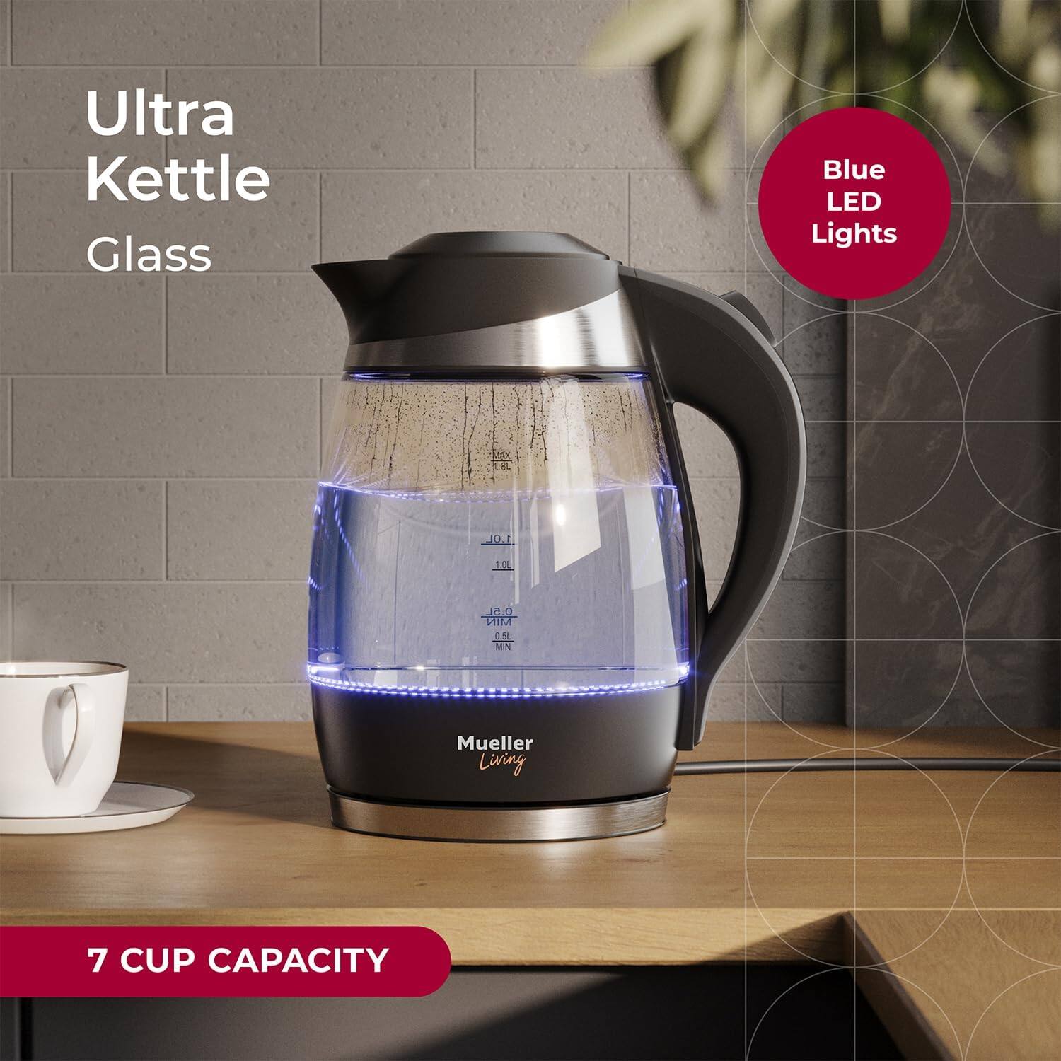 Ultra Kettle Glass Blue LED Lights 1.01 - 18 MO MIN 0.56 MN Mueller Living 7 CUP CAPACITY