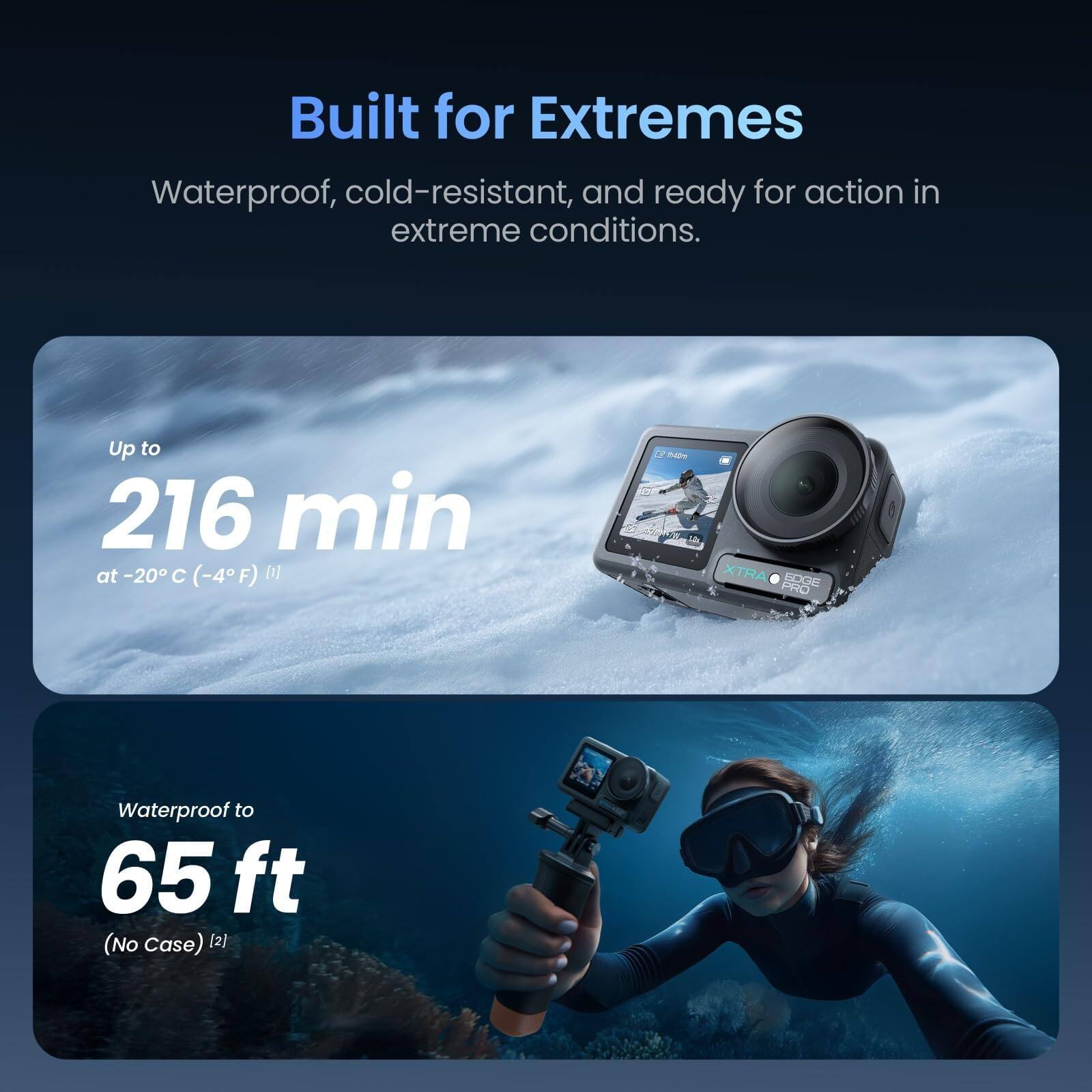 Built for Extremes  
Waterproof, cold-resistant, and ready for action in extreme conditions.  
Up to 216 min at -20°C (-4°F)  
Waterproof to 65 ft (No Case)