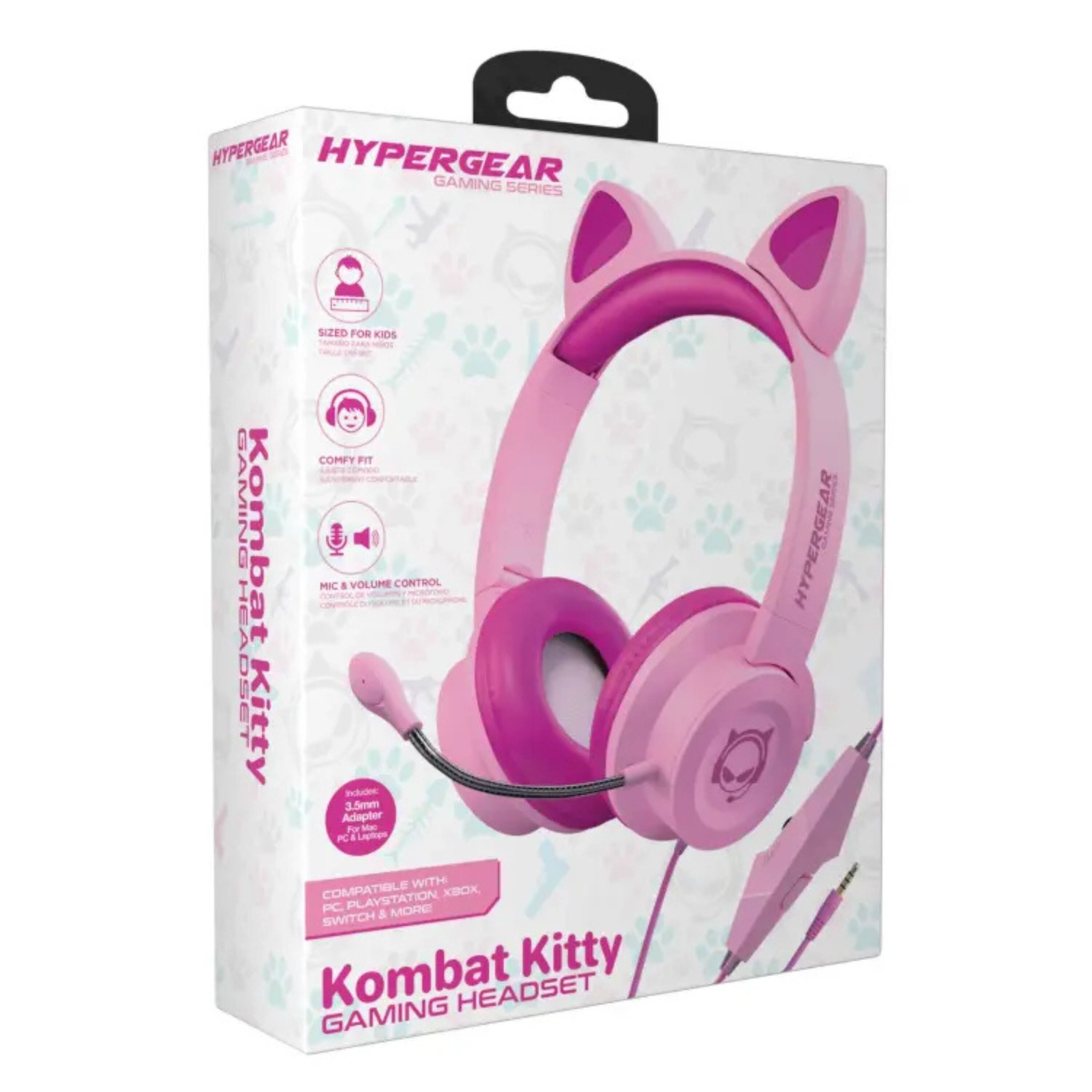 HYPERGEAR GAMING SERIES  
Kombat Kitty Gaming Headset  
Sized for Kids  
Comfy Fit  
Mic & Volume Control  
3.5mm Adapter for PC & Laptop  
Compatible with PlayStation, Xbox, PC, & More  
Switch