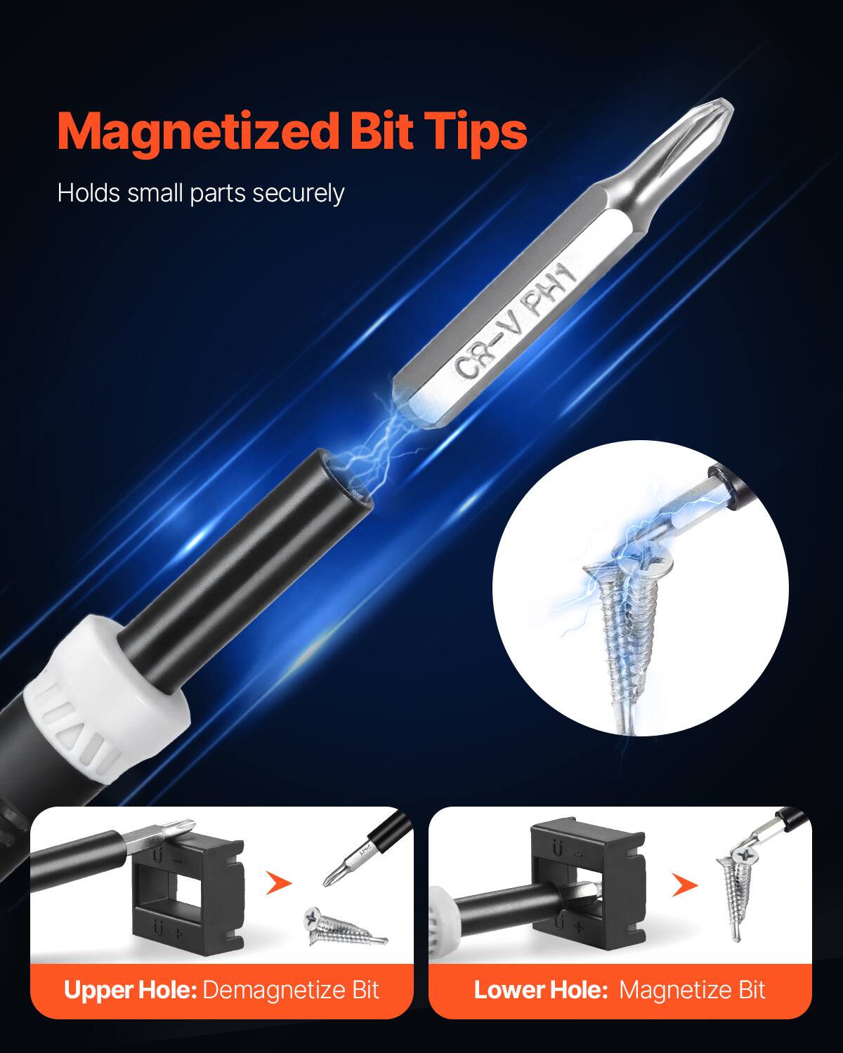 Magnetized Bit Tips  
Holds small parts securely  

CR-V PH1  

Upper Hole: Demagnetize Bit  
Lower Hole: Magnetize Bit