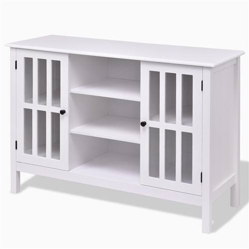 Back. SlickBlue - Wooden TV Stand with Glass Doors, 43-Inch Media Console - White.