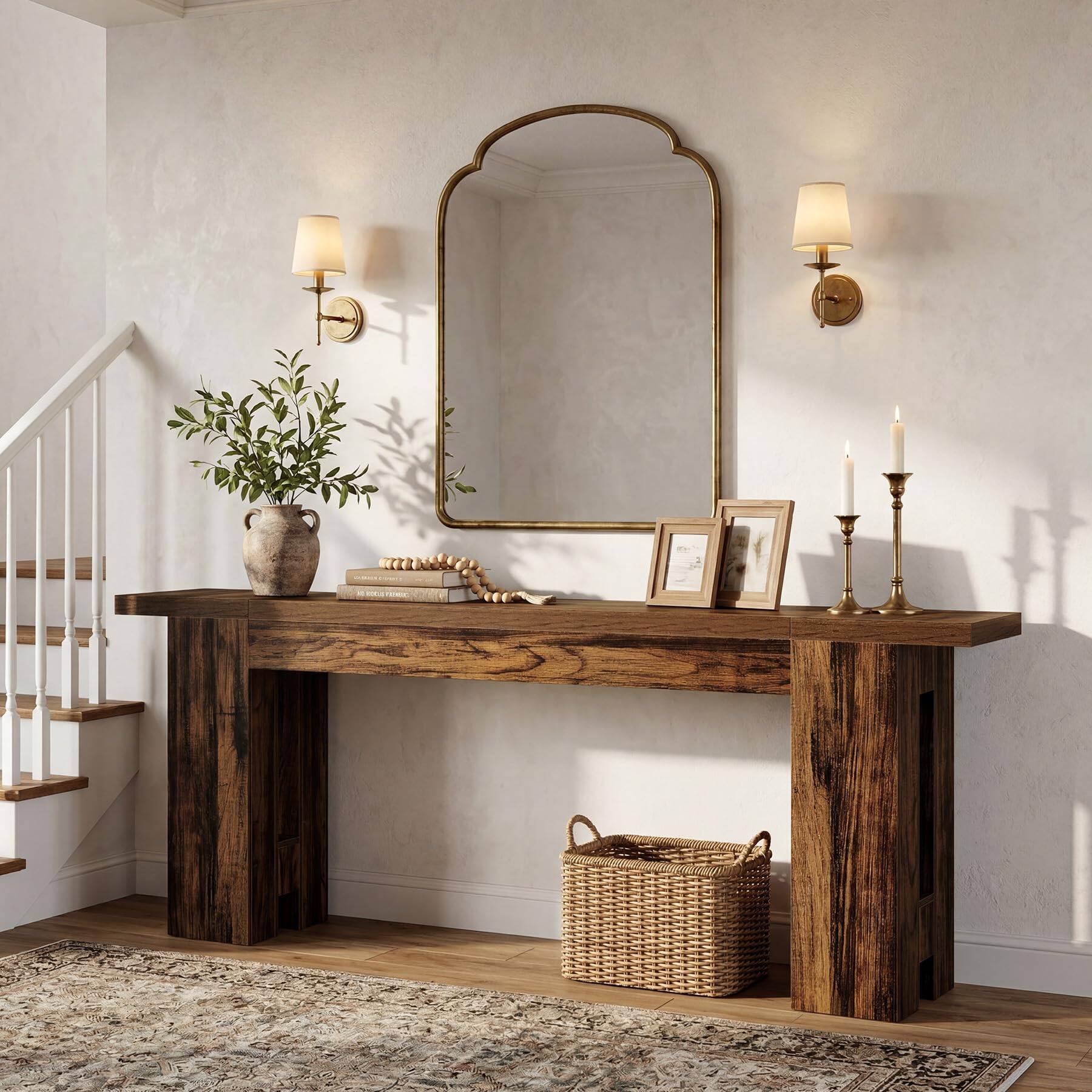 Alt View 4. Tribesigns - 86.6 Inch Extra Long Console Table, Rustic Narrow Farmhouse Sofa Table Behind Couch, Wooden Entryway Table for Living Ro - Rustic Walnut Brown.