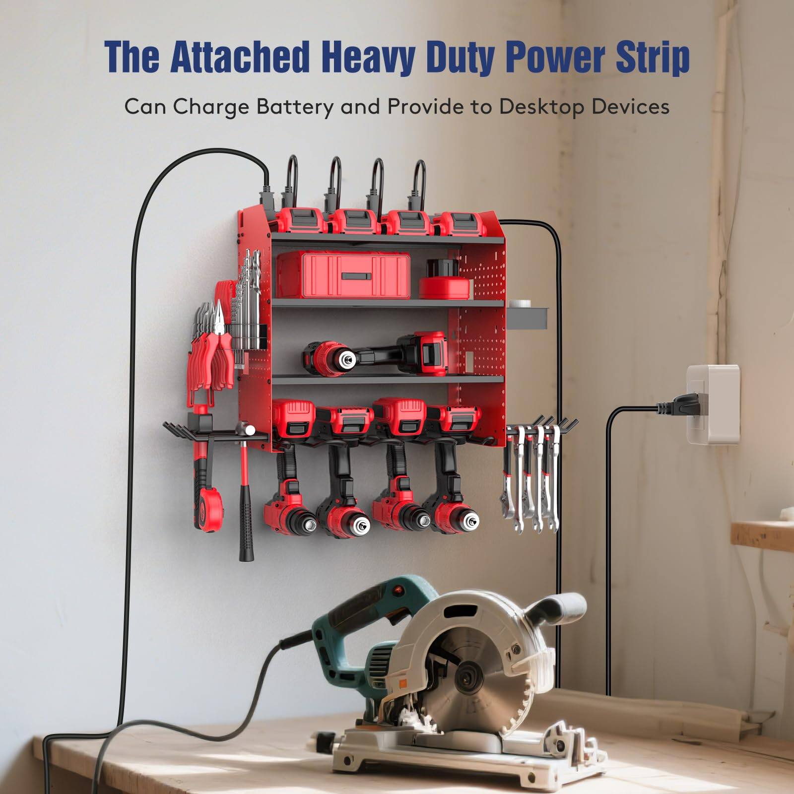 The Attached Heavy Duty Power Strip  
Can Charge Battery and Provide to Desktop Devices