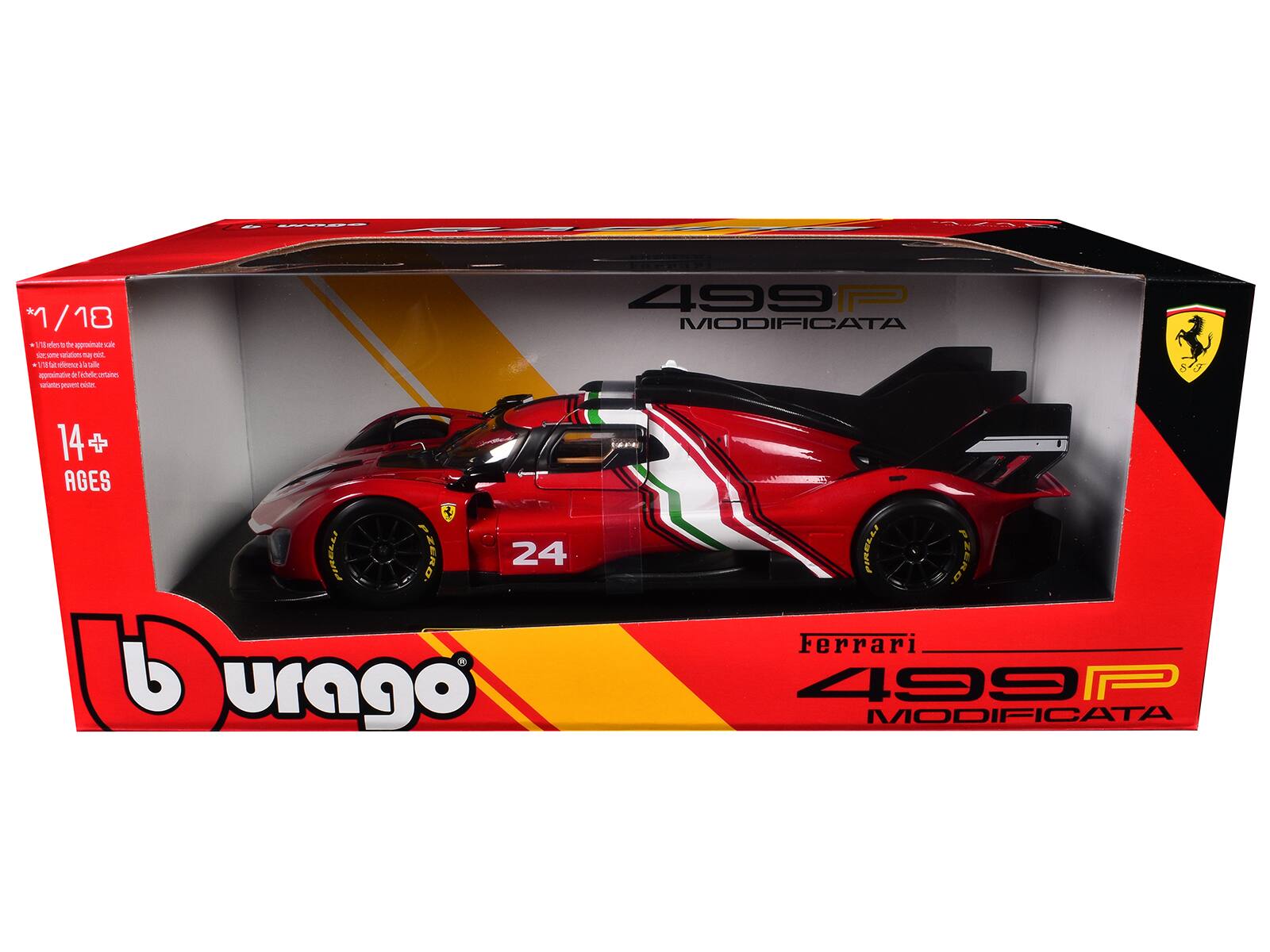 1/18  
1/18 scale model car  
1/18 scale model car  
14+  
AGES  
8058  
b urago  
Ferrari  
499P MODIFICATA  
24  
PIRELLI P ZERO  
PIRELLI P ZERO  
PIRELLI P ZERO  
PIRELLI P ZERO