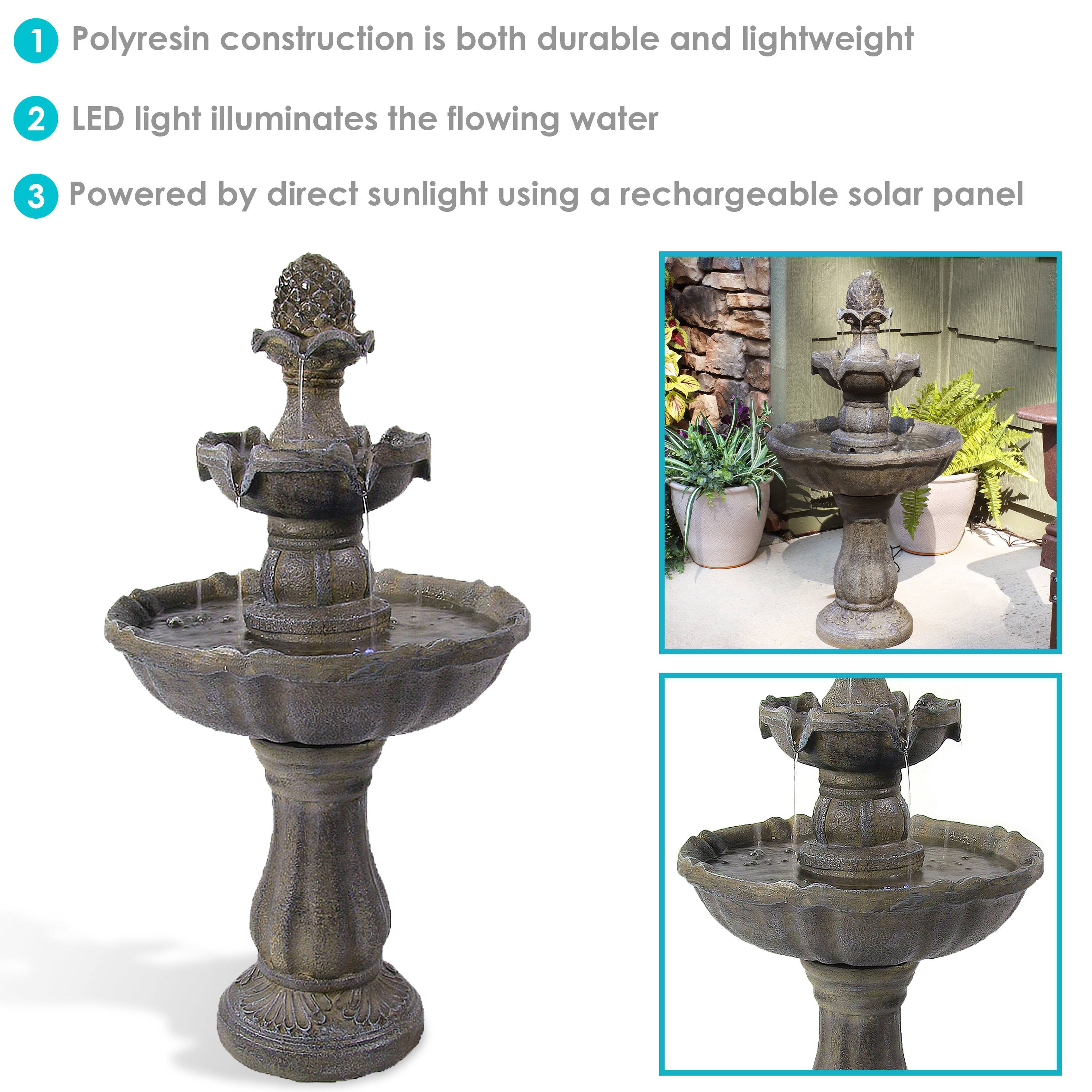 1. Polyresin construction is both durable and lightweight  
2. LED light illuminates the flowing water  
3. Powered by direct sunlight using a rechargeable solar panel