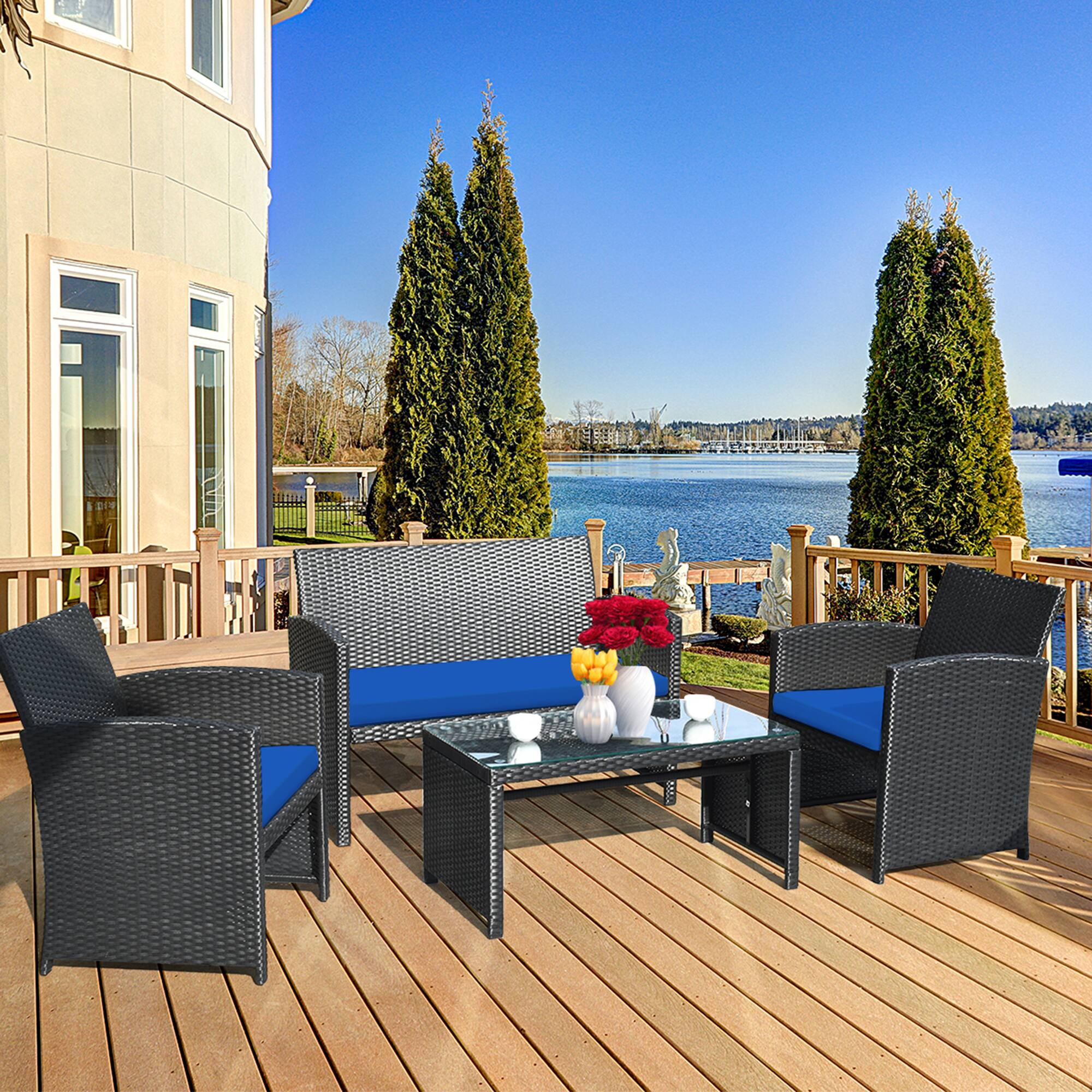 Alt View 4. Gymax - Gymax 8PCS Rattan Outdoor Conversation Set Patio Furniture Set w/ Navy Cushions - Navy.