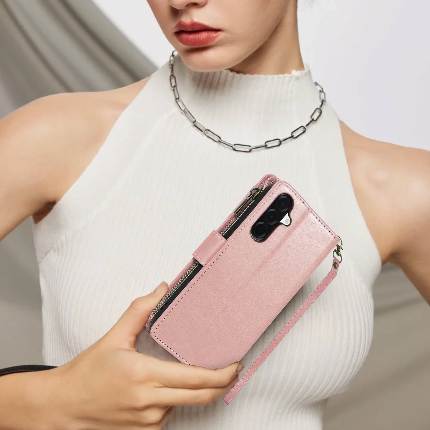 Alt View 6. Equipd - Phone Case for Samsung Galaxy A17 5G, Luxury Wallet Card ID Zipper Money Holder Cover (Rose Gold) - Rose Gold.