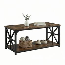 Costway - 2-Tier Coffee Table, Industrial Accent Table with Dual Star-shaped Metal Frames - Rustic Brown & Black