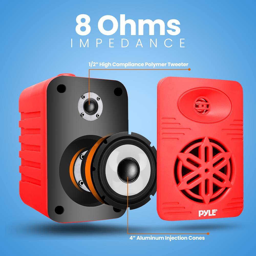 8 Ohms  
IMPEDANCE  

1/2" High Compliance Polymer Tweeter  

4" Aluminum Injection Cones  

PYLE