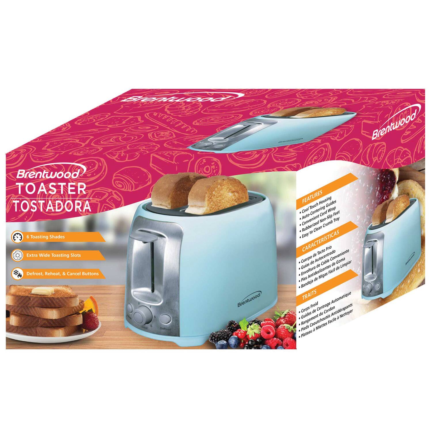 Brentwood TOASTER TOSTADORA

6 Toasting Shades  
Extra Wide Toasting Slots  
Defrost, Reheat & Cancel Buttons

FEATURES  
Cool Touch Housing  
Auto-Centering Guides  
Rubberized Crumb Tray  
Easy to Clean

CARACTERÍSTICAS  
Cuerpo de Facto  
Guías de Carga Automática  
Envoltura de Cordon Antideslizante  
Plato de Miga Fácil de Limpiar

TRAITS  
Corps Froid  
Guides de Chargement Automatique  
Rangourouches Antidérapants  
Plateau de Miga Facile à Nettoyer