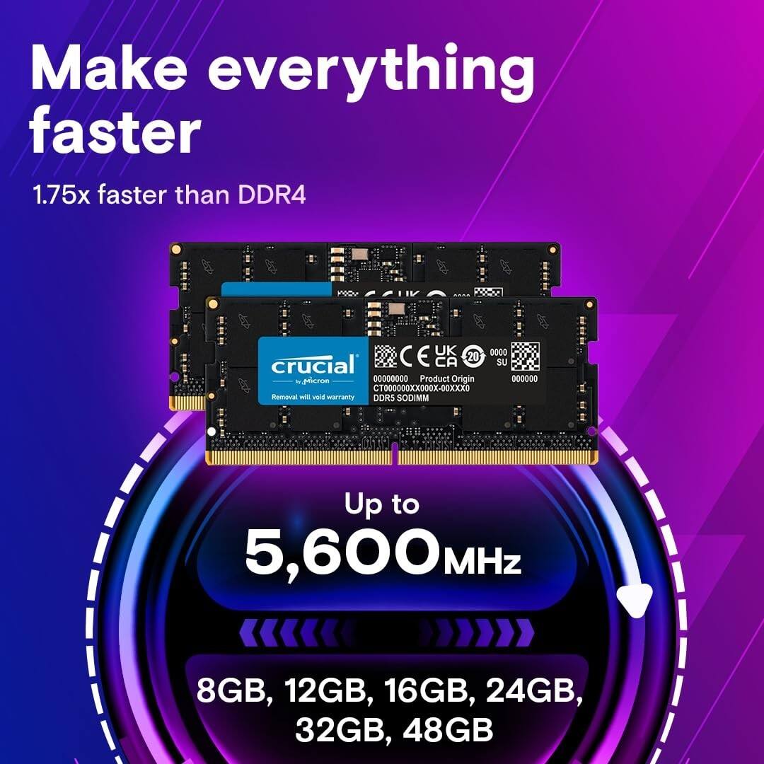 Make everything faster  
1.75x faster than DDR4  

crucial  
Up to 5,600 MHz  

8GB, 12GB, 16GB, 24GB, 32GB, 48GB  

Product Origin: 000000 CT000000XX000X-00XXX0  
DORS SODIMM  

CE, CA, 20 SU  
00000000  

Removal will void warranty