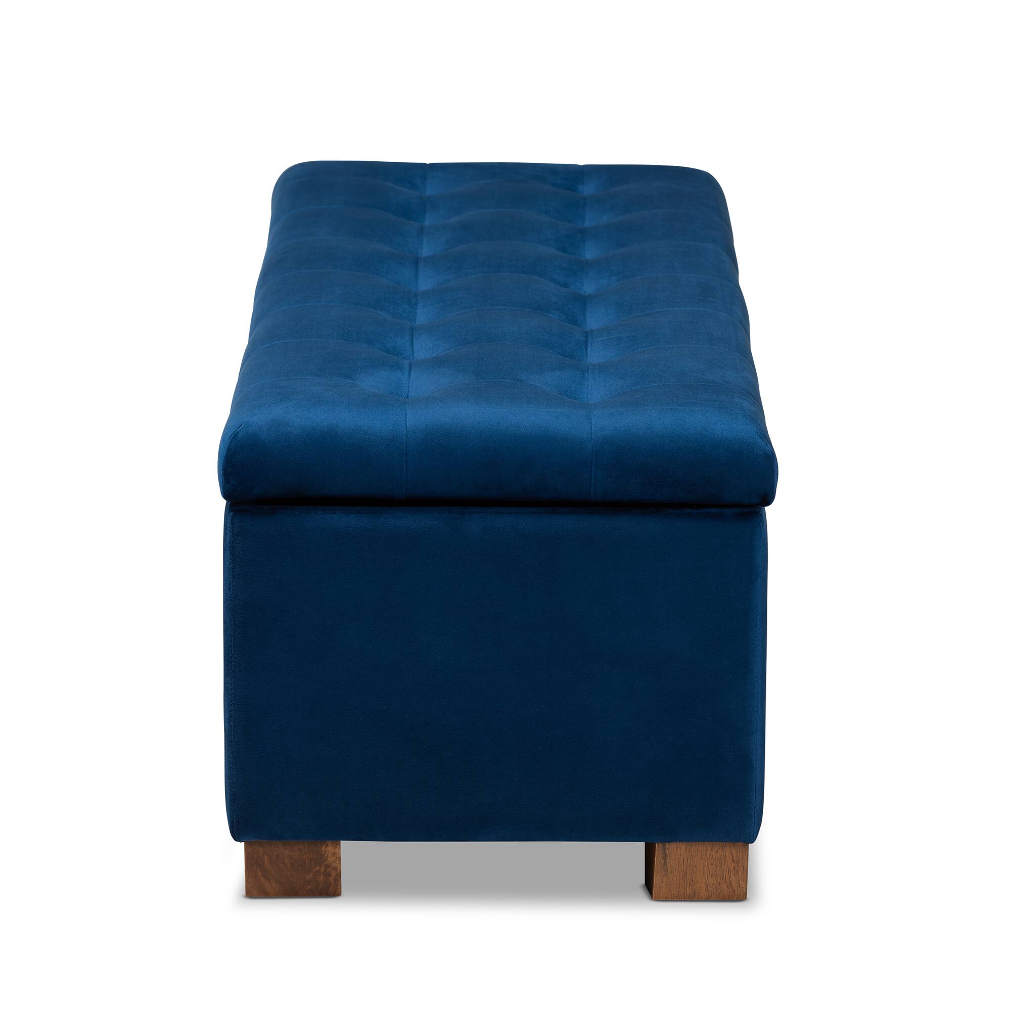Back. Baxton Studio - Roanoke Modern and Contemporary Velvet Fabric Upholstered Grid-Tufted Storage Ottoman Bench - Navy Blue/Brown.