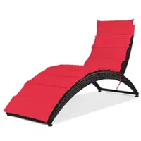 Costway Folding Patio Rattan Lounge Chair Chaise Cushioned Portable Garden Lawn - Red - Front_Zoom