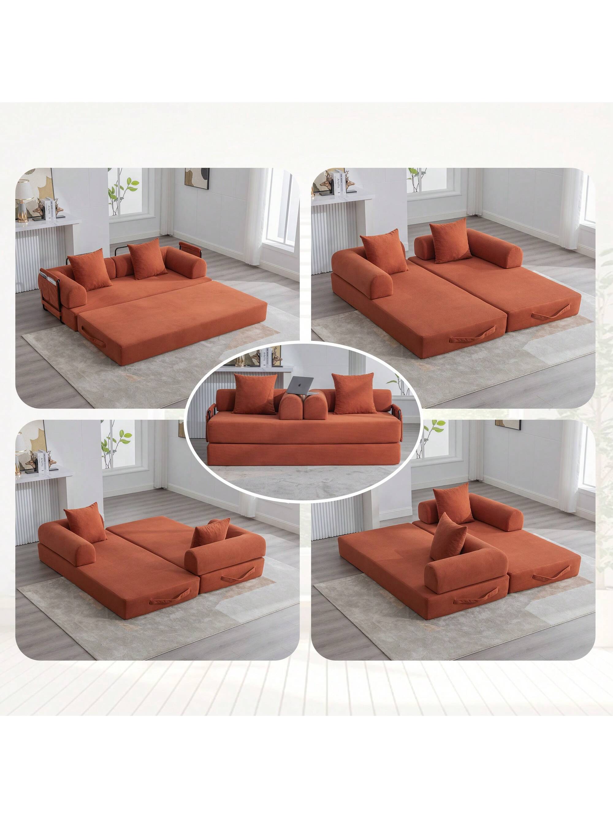 Trinkets Crazed - Convertible Sleeper Sofa Bed With 2 Pillows, 78.5" Corduroy Folding Mattress Couch With Fixed-Shape Frame - Orange