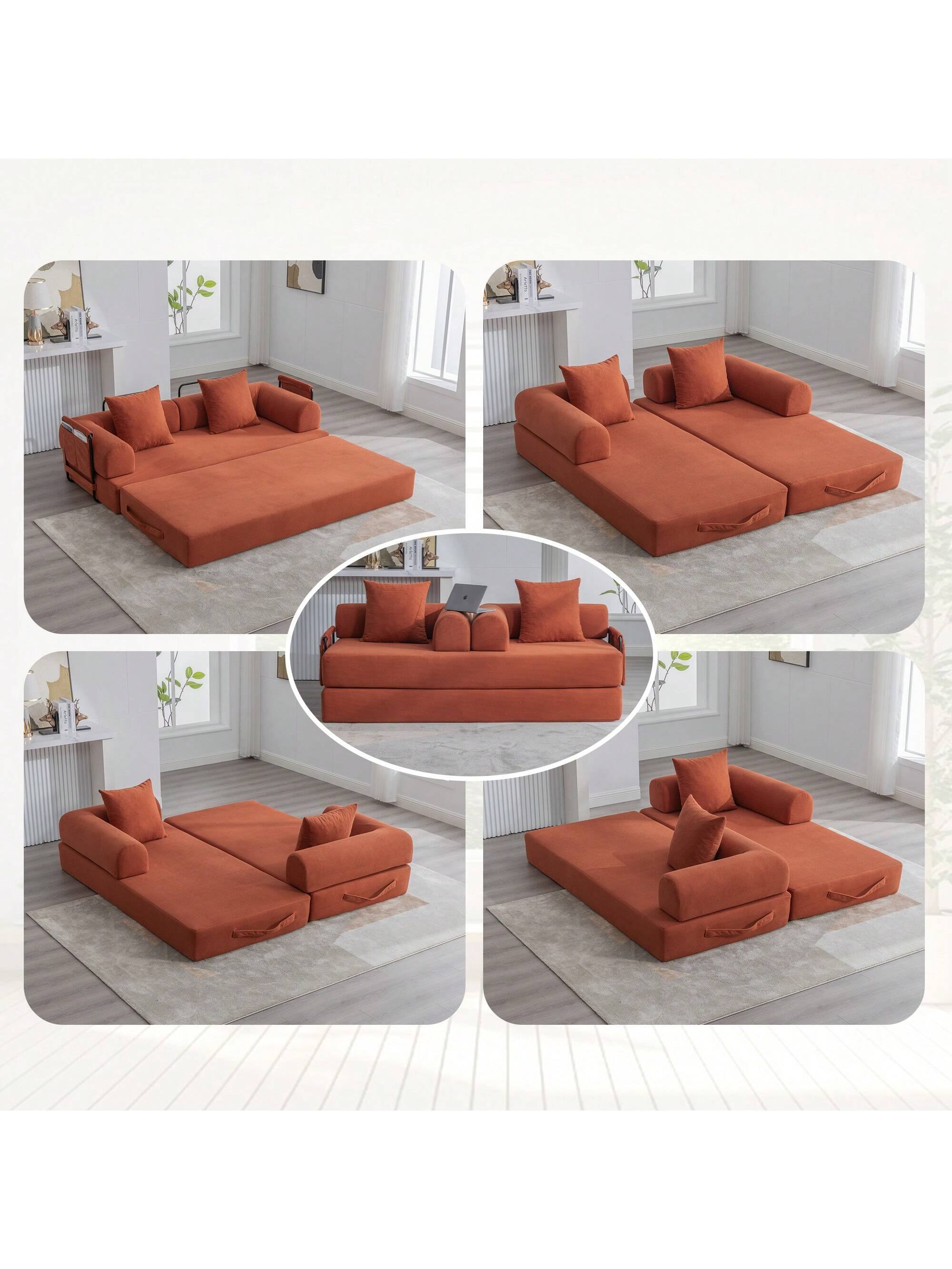 Front. Trinkets Crazed - Convertible Sleeper Sofa Bed With 2 Pillows, 78.5" Corduroy Folding Mattress Couch With Fixed-Shape Frame - Orange.
