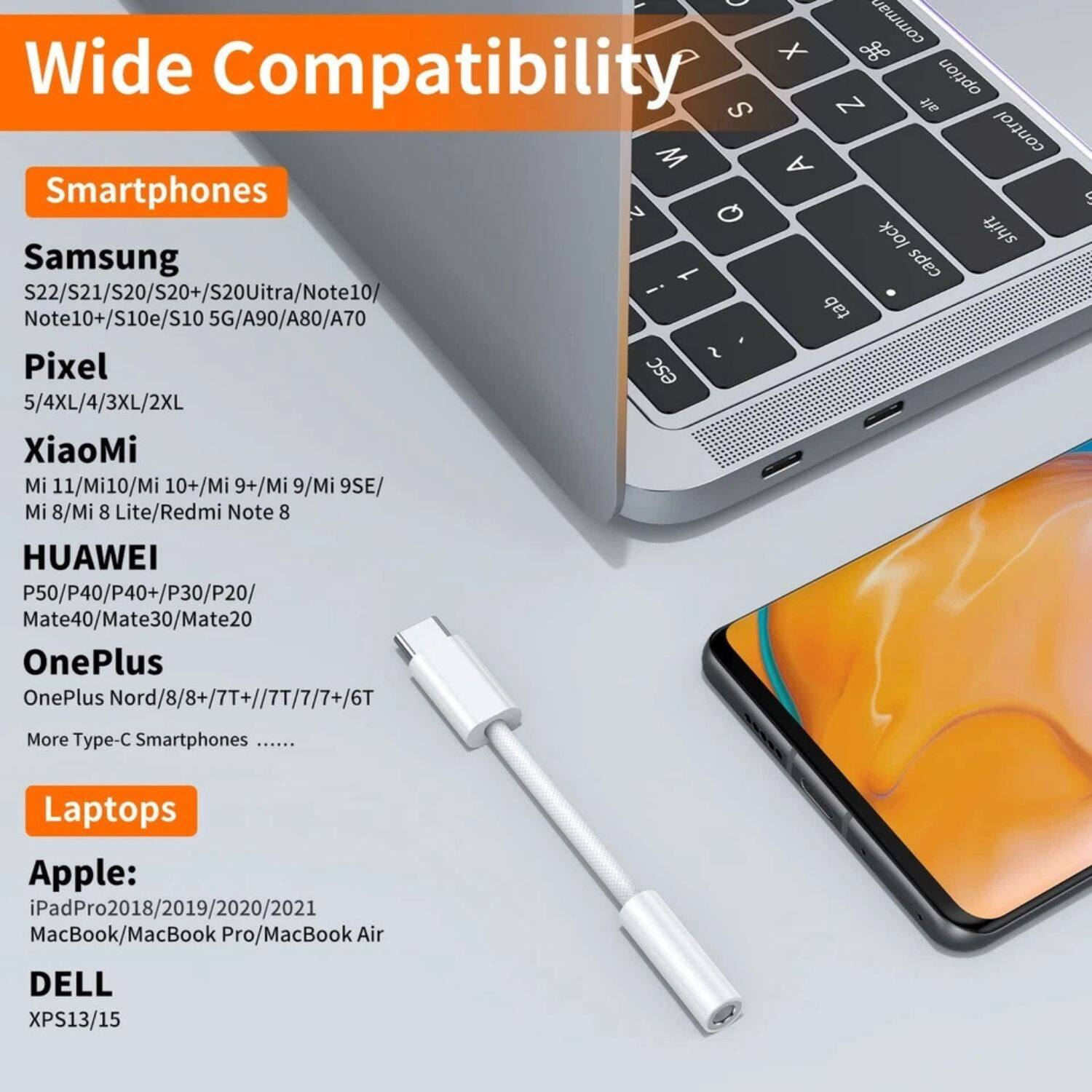 **Wide Compatibility**

**Smartphones**

- **Samsung**
  - S22/S21/S20/S20+/S20Ultra/Note10/Note10+/S10e/S10 5G/A90/A80/A70

- **Pixel**
  - 5/4XL/4/3XL/2XL

- **XiaoMi**
  - Mi 11/Mi10/Mi 10+/Mi 9+/Mi 9/Mi 9SE/Mi 8/Mi 8 Lite/Redmi Note 8

- **HUAWEI**
  - P50/P40/P40+/P30/P20/Mate40/Mate30/Mate20

- **OnePlus**
  - OnePlus Nord/8/8+/7T+/7T/7/7+/6T

- More Type-C Smartphones

**Laptops**

- **Apple:**
  - iPadPro2018/2019/2020/2021
  - MacBook/MacBook Pro/MacBook Air

- **DELL**
  - XPS