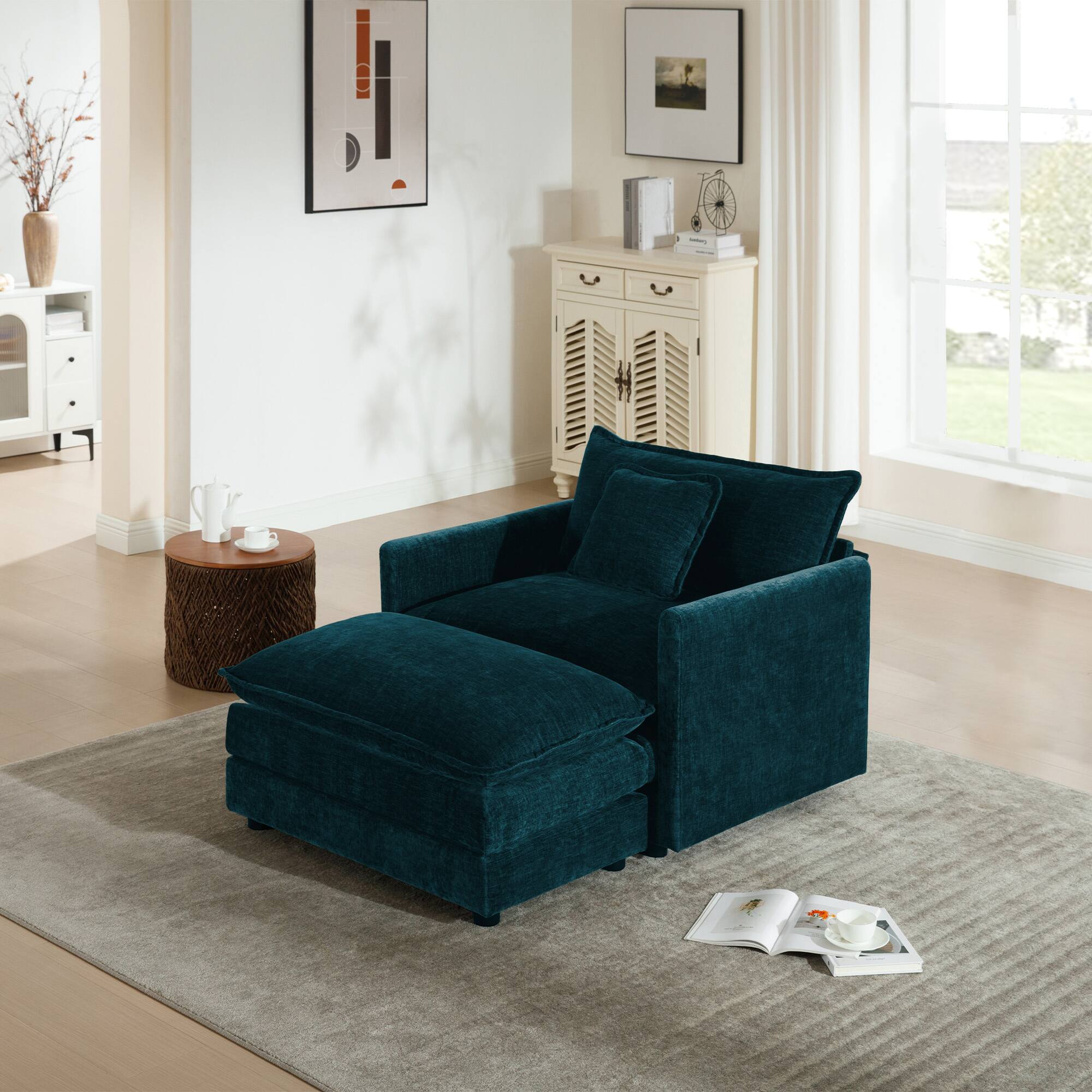Front. LOVMOR - Single Seat Chenille Accent Chair Easy Assembly For Living Room Bedroom Office Plush Cozy Lounge Indoor Family - Blue.